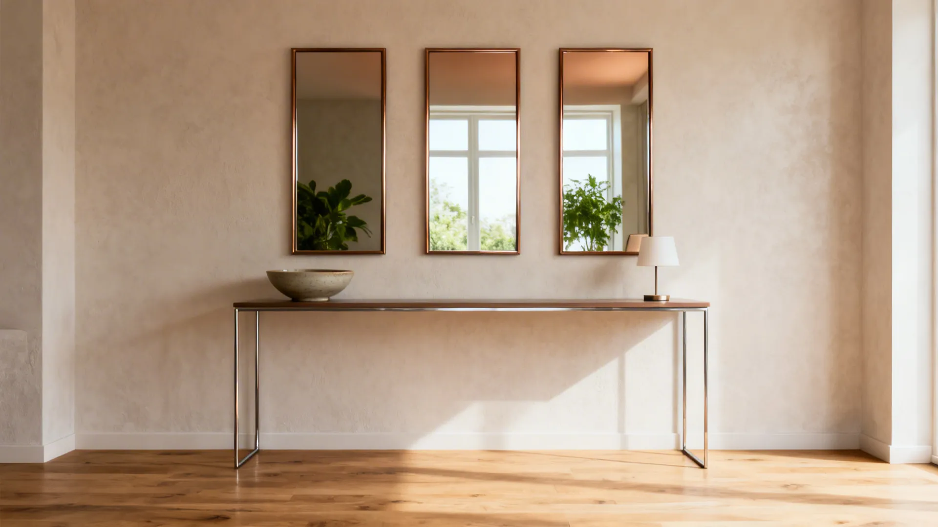 Three slim bronze-tinted mirrors above a console reflecting window light.