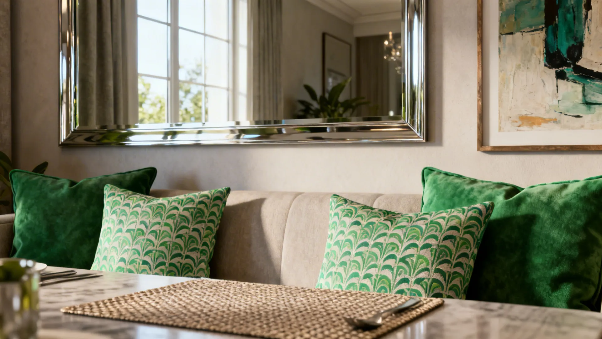 Dining room interior design drawing with beige sofa, green pillows, large mirror, and wall art
