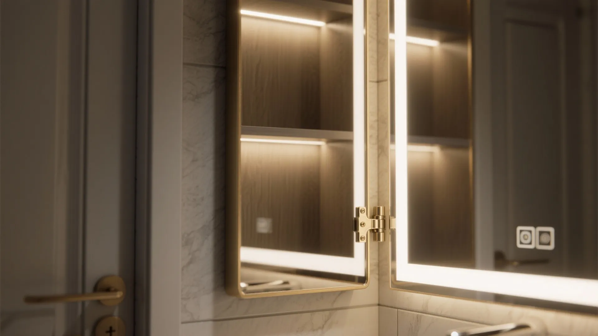 Modern bathroom mirror with built in light strip showing wooden shelves and white marble wall