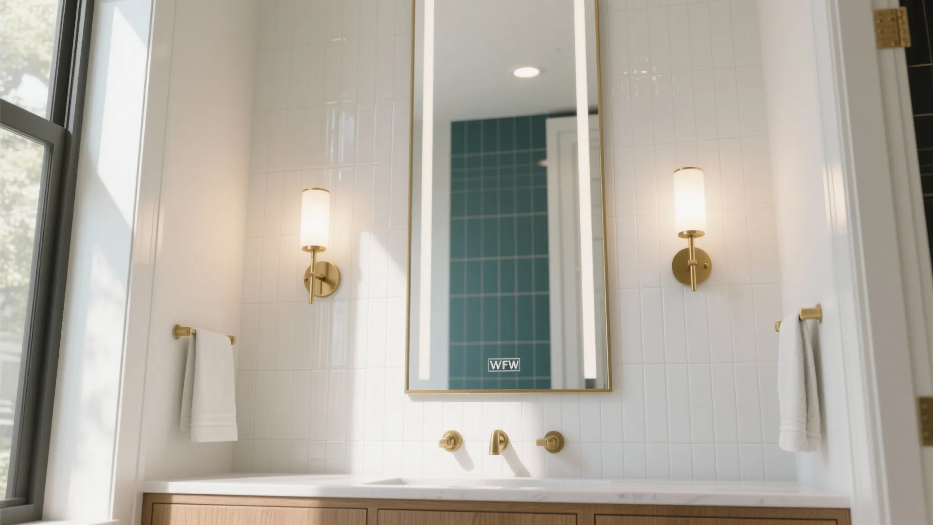Mirror to the ceiling + vertical tile to stretch the room