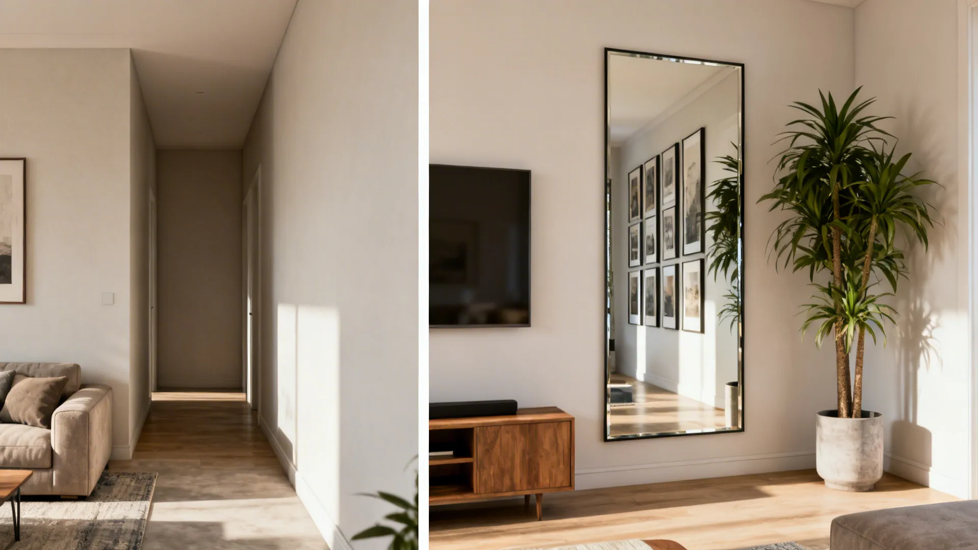 Before and after of a short end featuring a mirror and tall elements that open up a narrow living room.