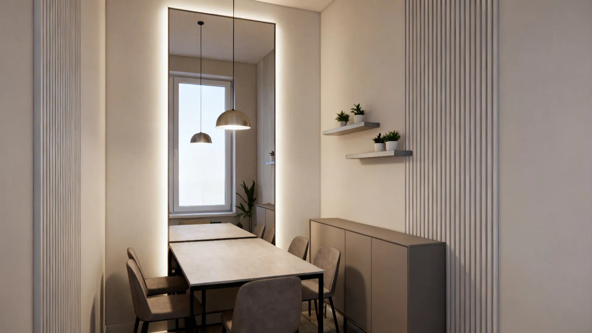 Dining room with large wall mirror reflecting a table and chairs next to vertical wall panel