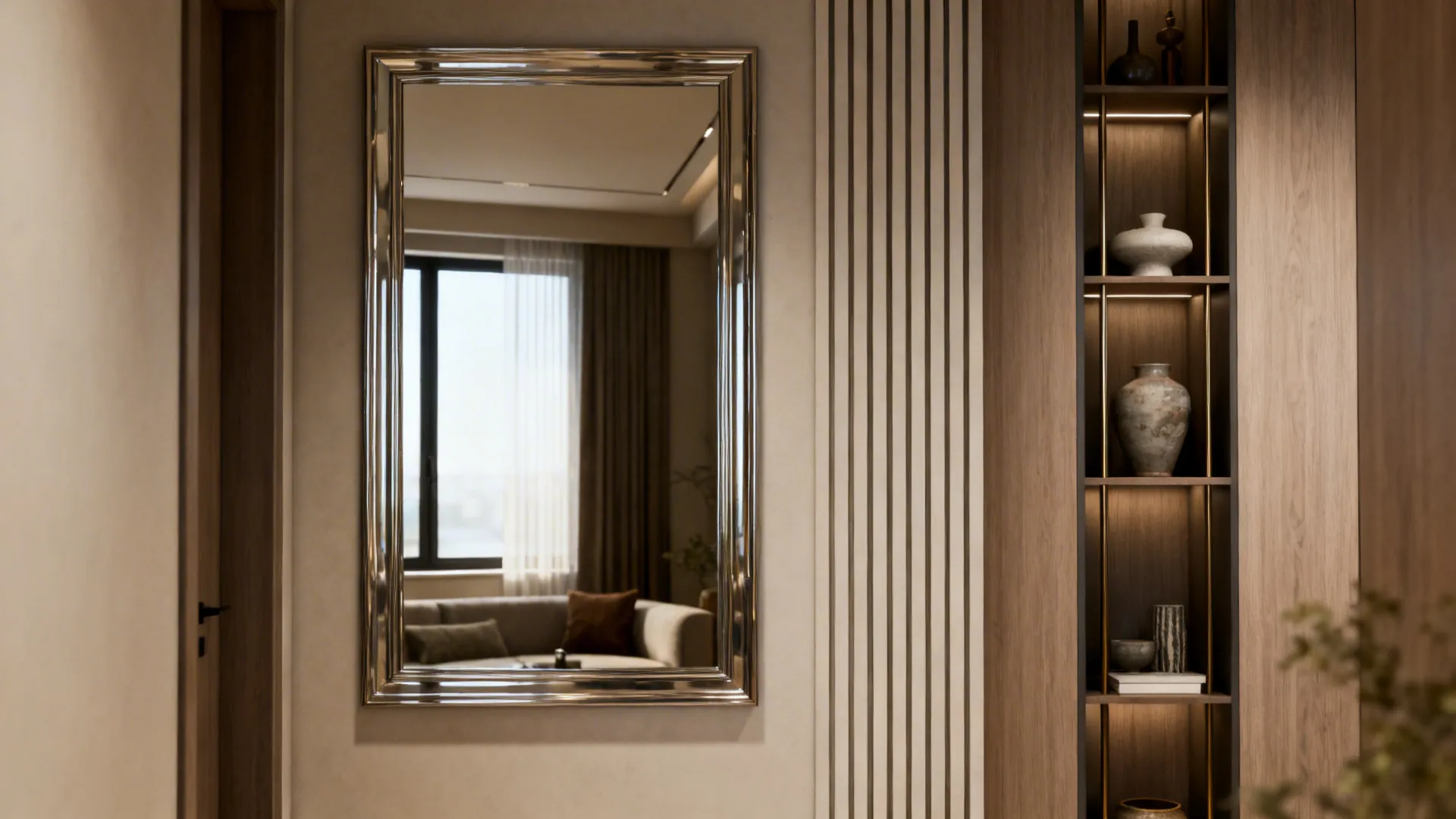 Large mirror opposite a window with vertical shelving to draw the eye upward and reflect light.