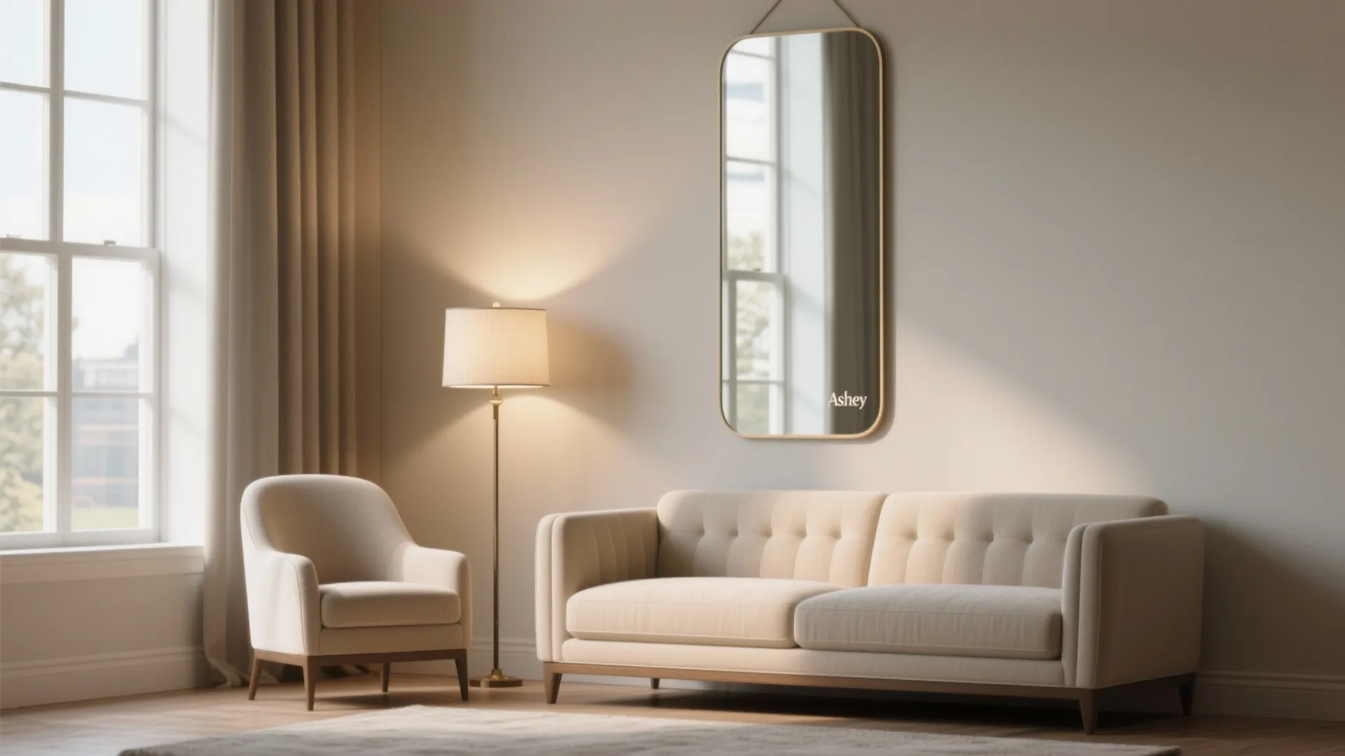 Tall mirror above a loveseat and floor lamp behind a chair creating visual depth