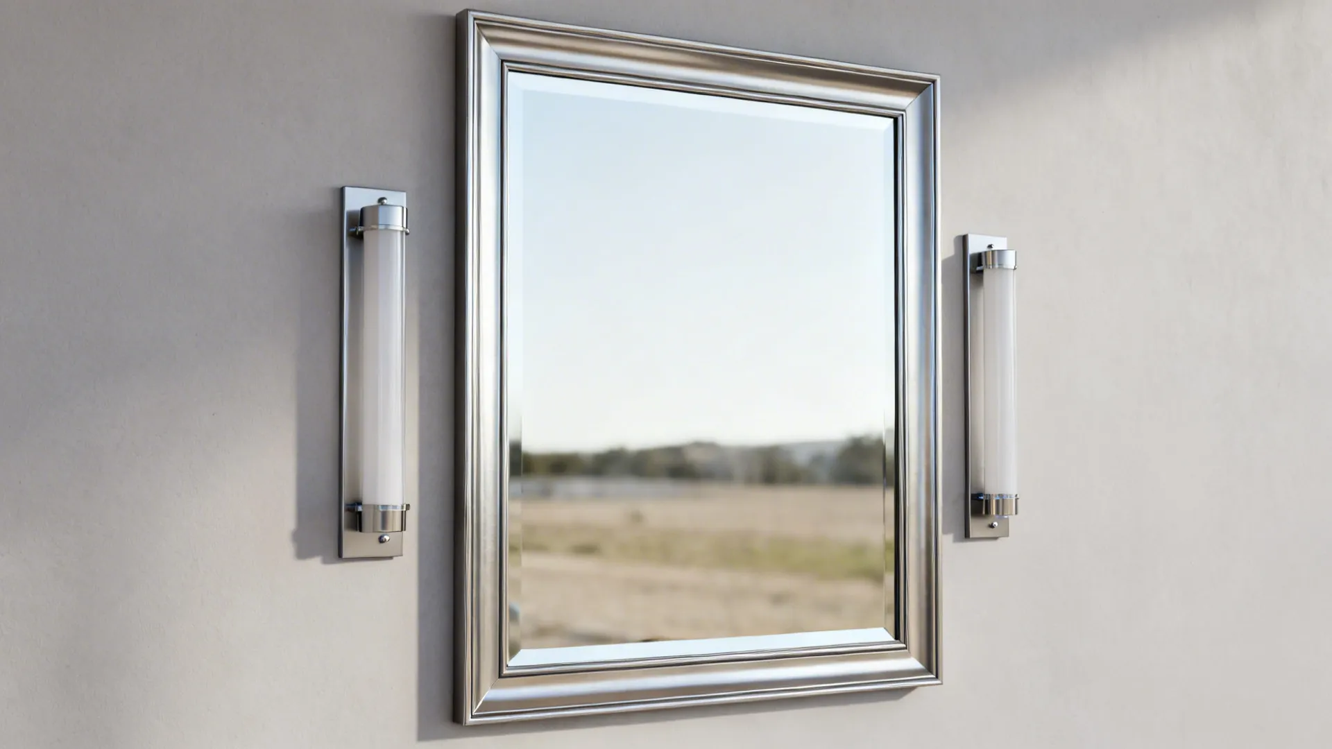 Large mirror with slim vertical sconces doubling perceived space and reducing shadows