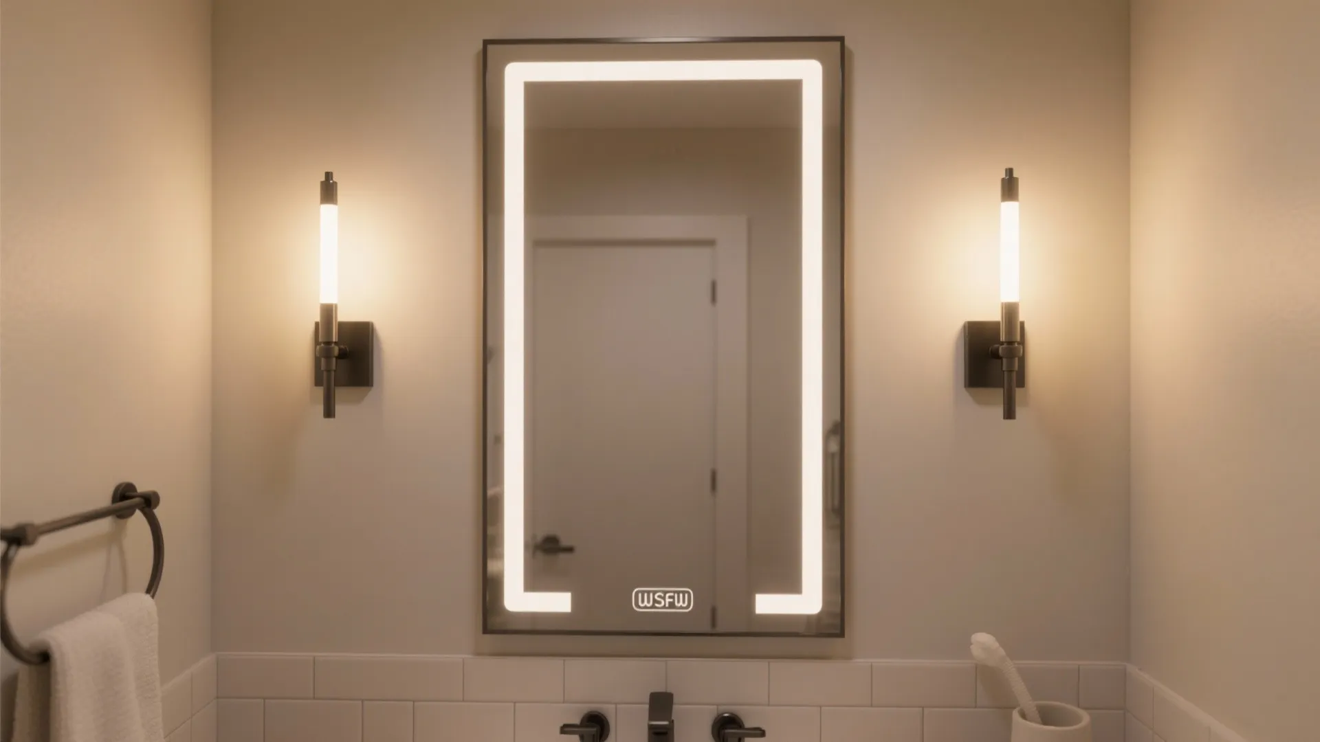 Oversized mirror and vertical lighting