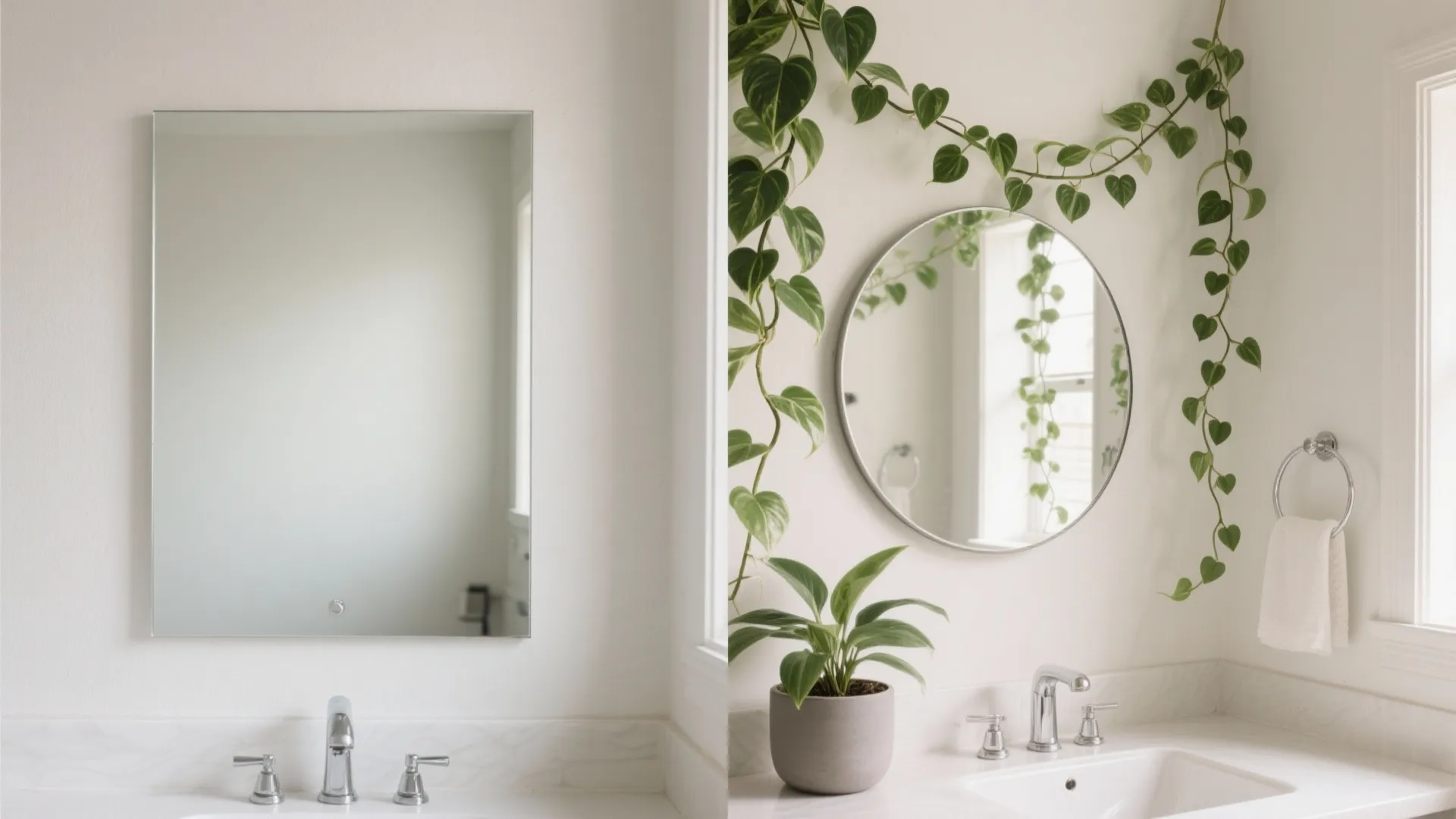 Before-after vanity showing added trailing vines over a round mirror improving warmth and light.