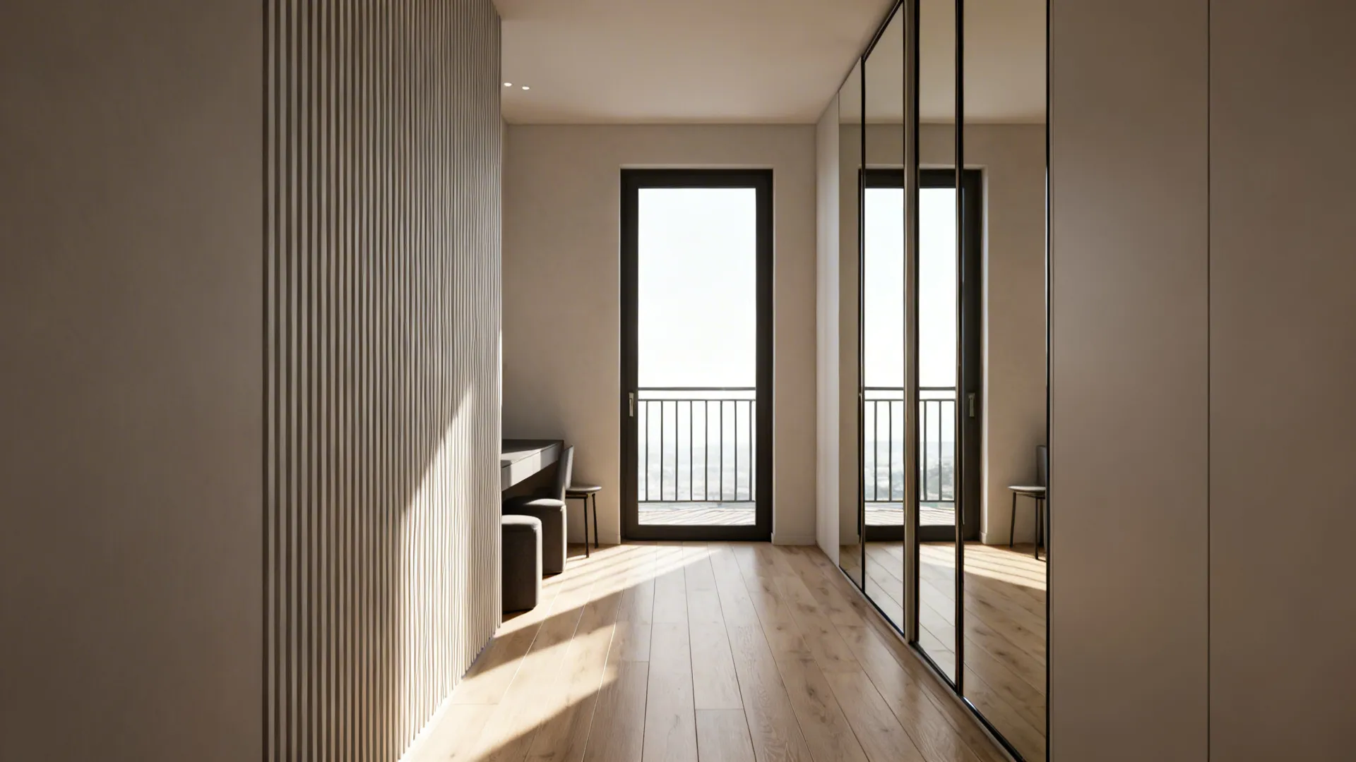 Studio corridor with a full-height mirror and continuous flooring to visually expand space