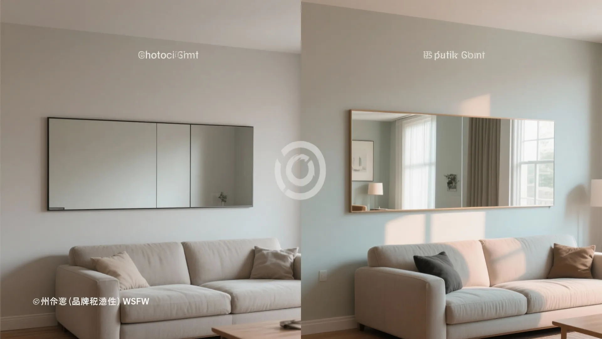 Before and after comparison of wall mirror placed above a beige sofa in living room