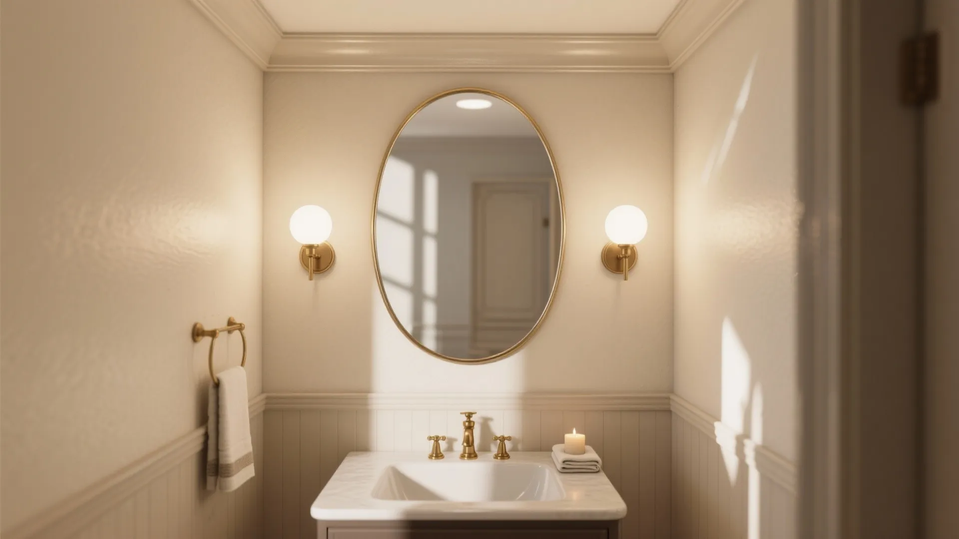 Elegant bathroom with oval mirror, two gold wall lights, white sink cabinet, and towel ring
