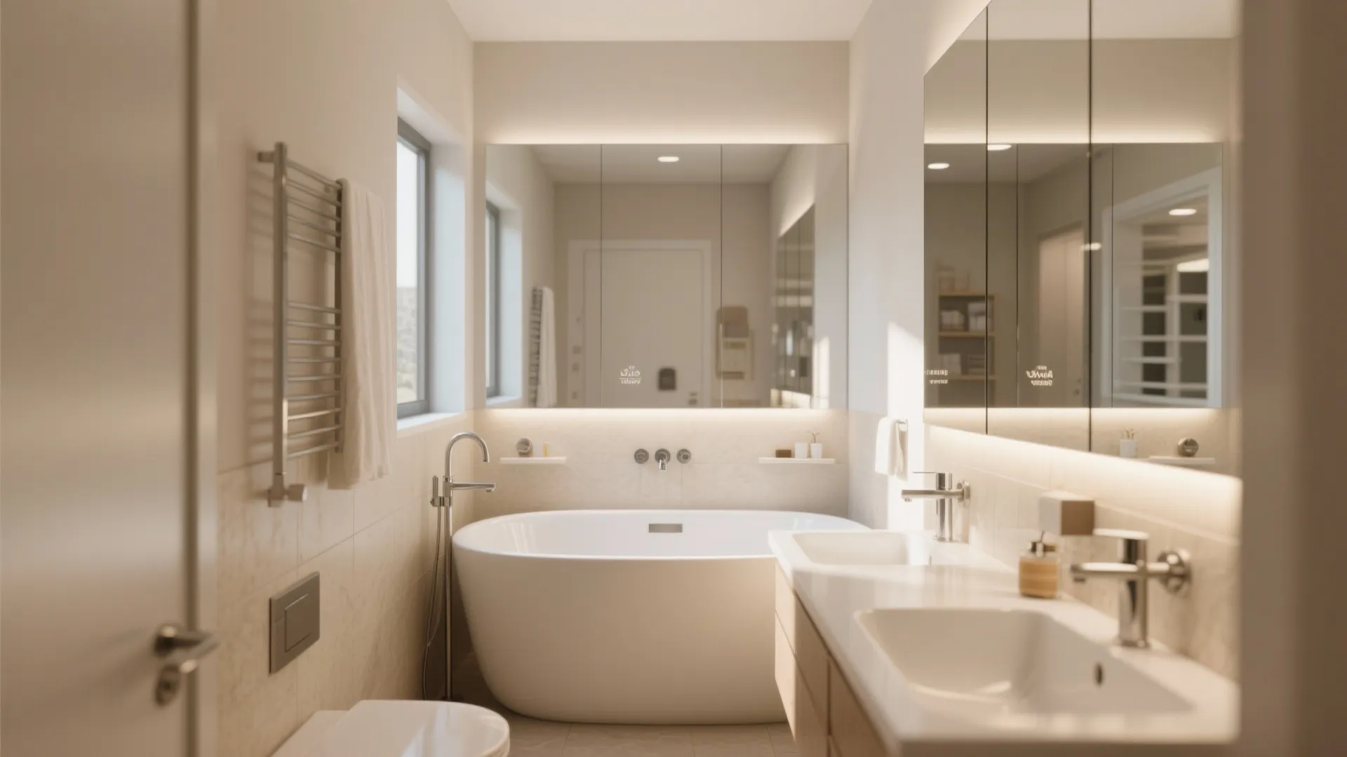 Bright bathroom with large wall mirror white bathtub double sink cabinet towel rack and warm lighting
