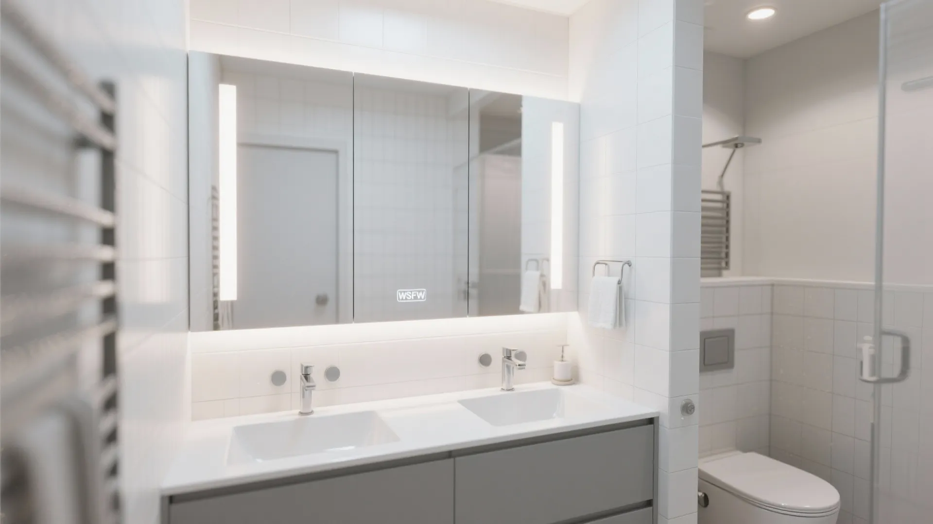 Modern bathroom with double sink vanity large lit mirror white wall tiles and grey cabinet