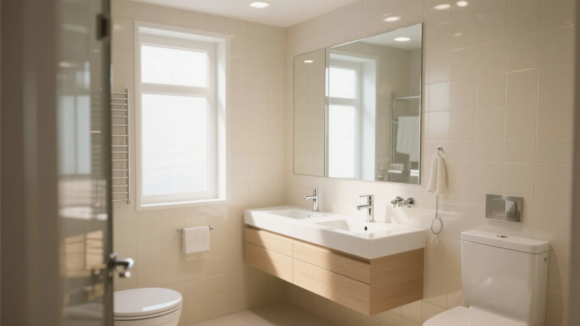 Double sink vanity with wood cabinet large mirror white toilet window and beige bathroom tiles