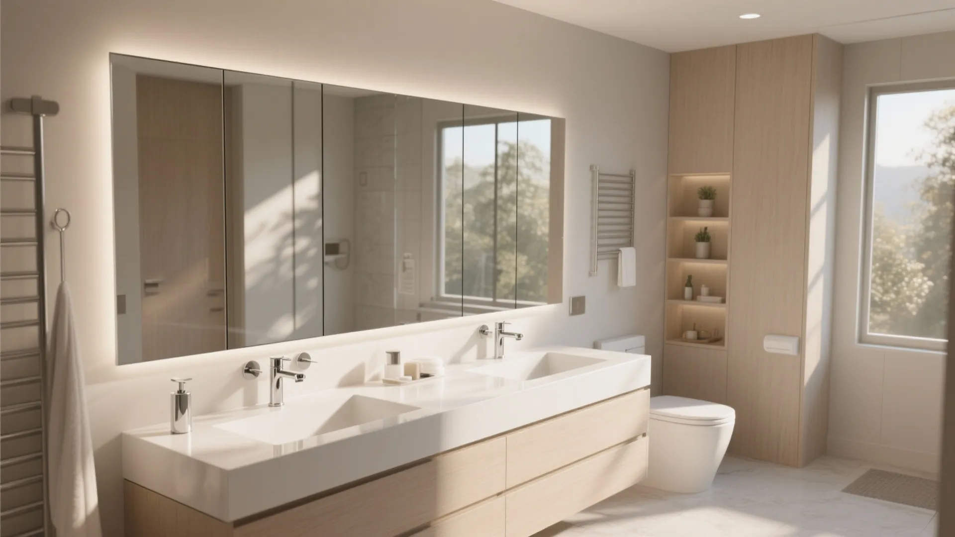 Clean bathroom interior with large backlit mirror double sink wood cabinet and tall storage unit