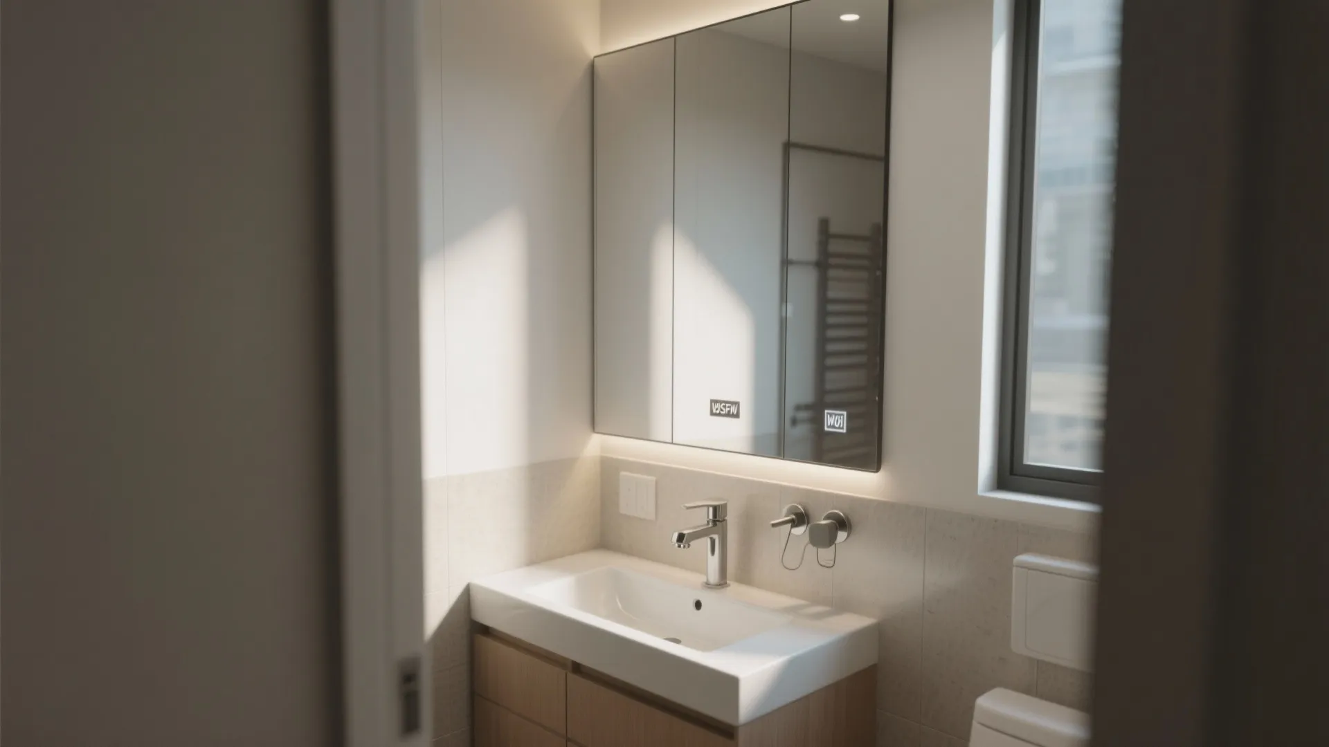 Modern bathroom vanity with white sink wooden cabinet large lighted mirror silver faucet and sunlight