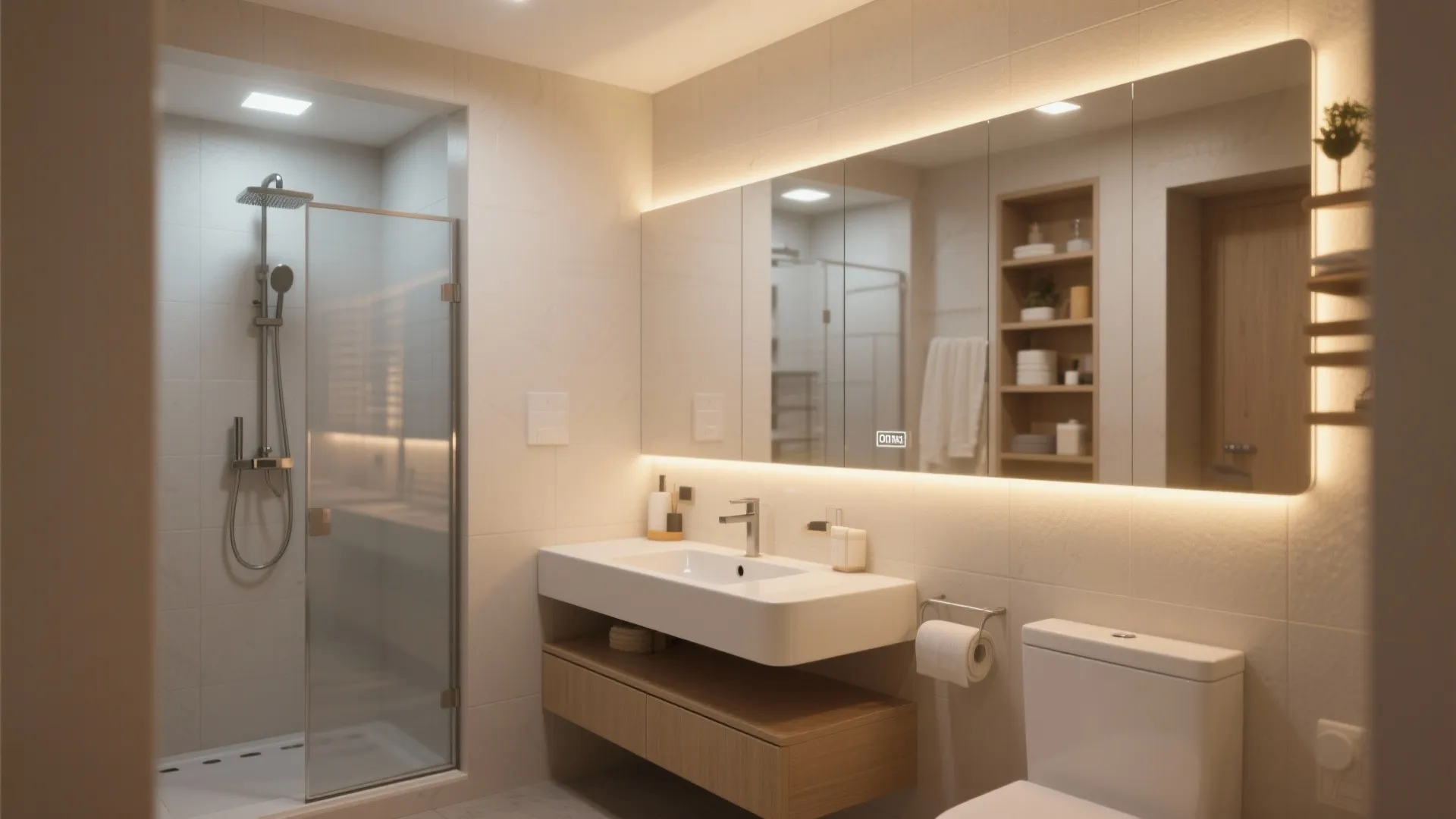 Small bathroom with full mirror wall and LED glow