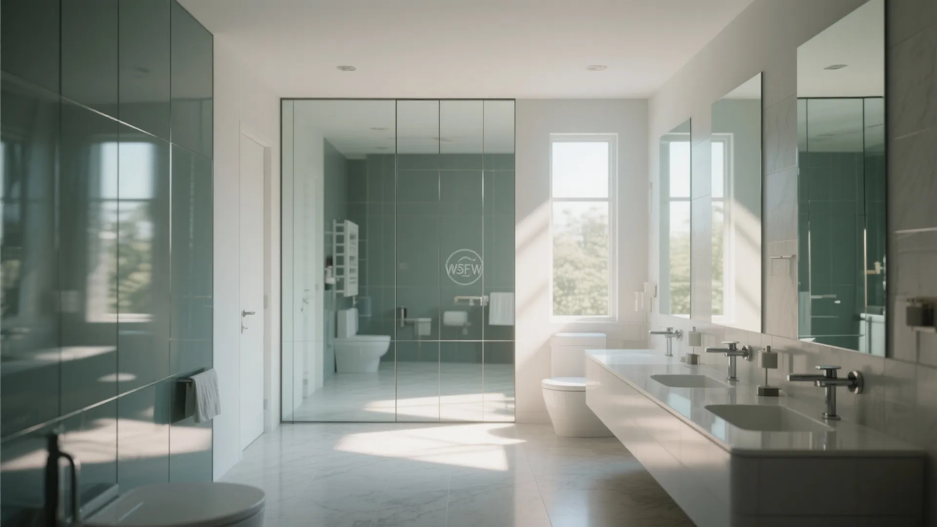 Large modern bathroom with white double vanity, glass wall partition, and teal green glossy wall tiles