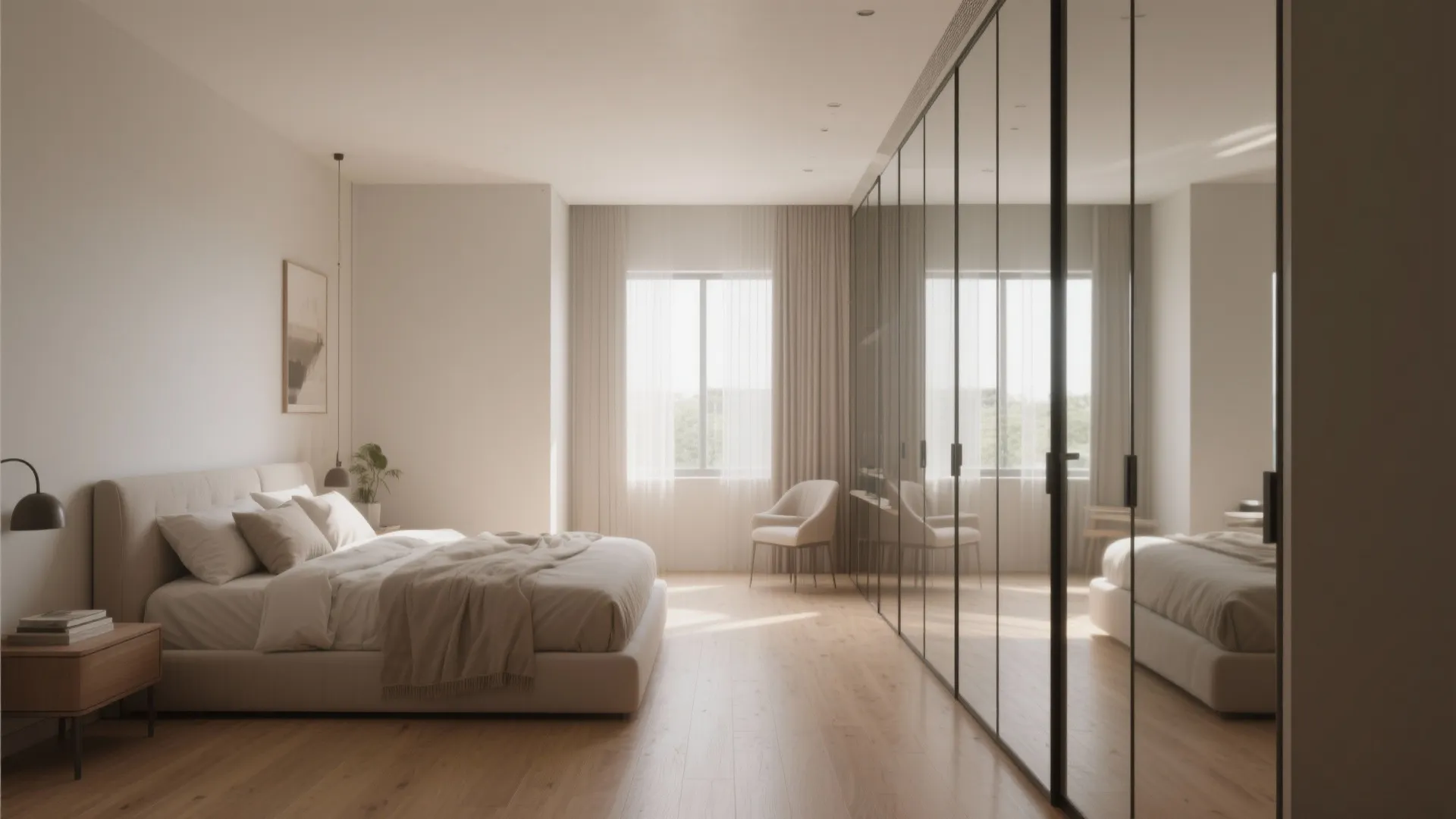 Minimalist master bedroom featuring a large glass cabinet wall, beige bed, and natural wood floors