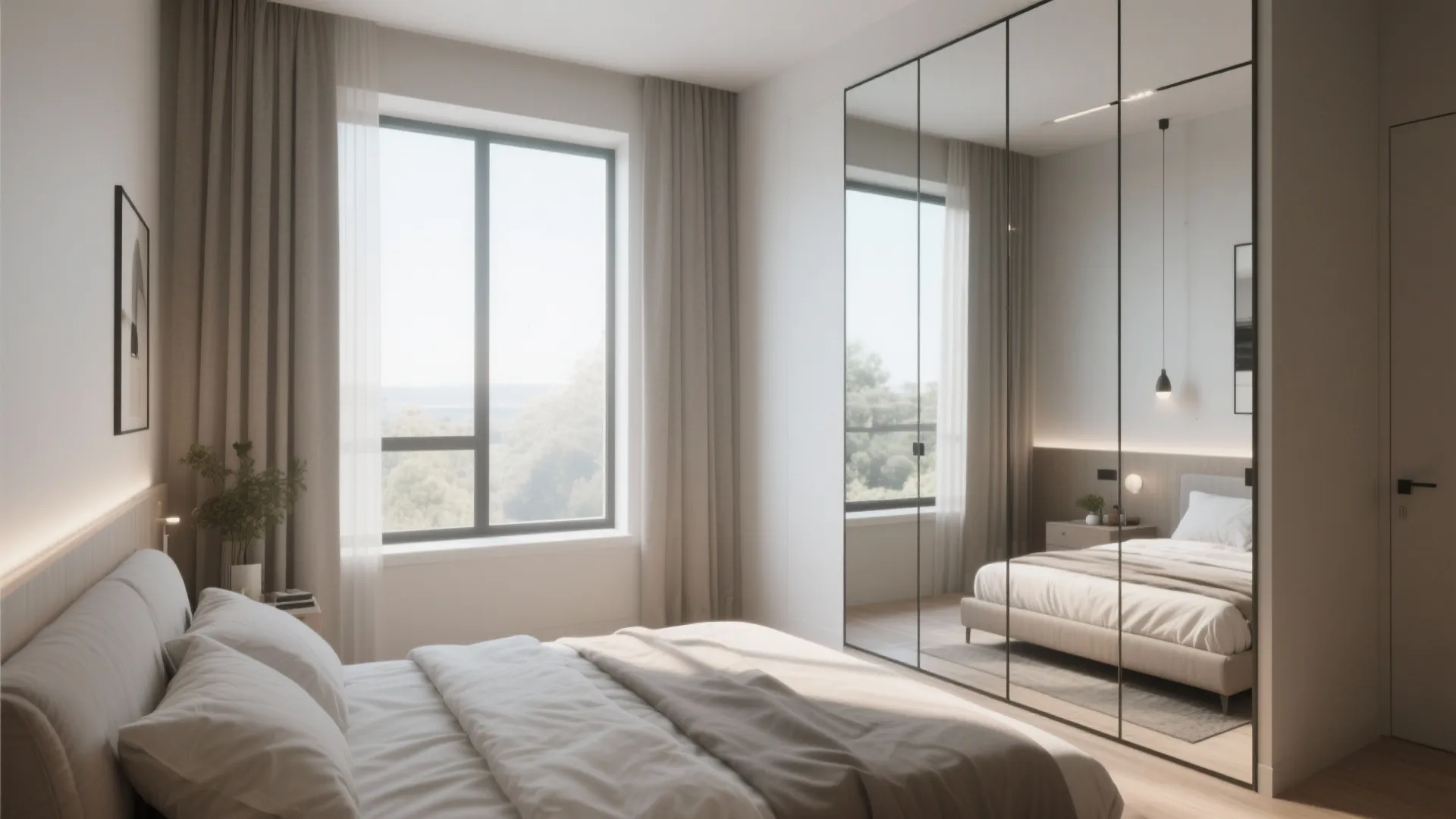 Modern bedroom with large mirrored wardrobe reflecting a grey bed next to a bright window