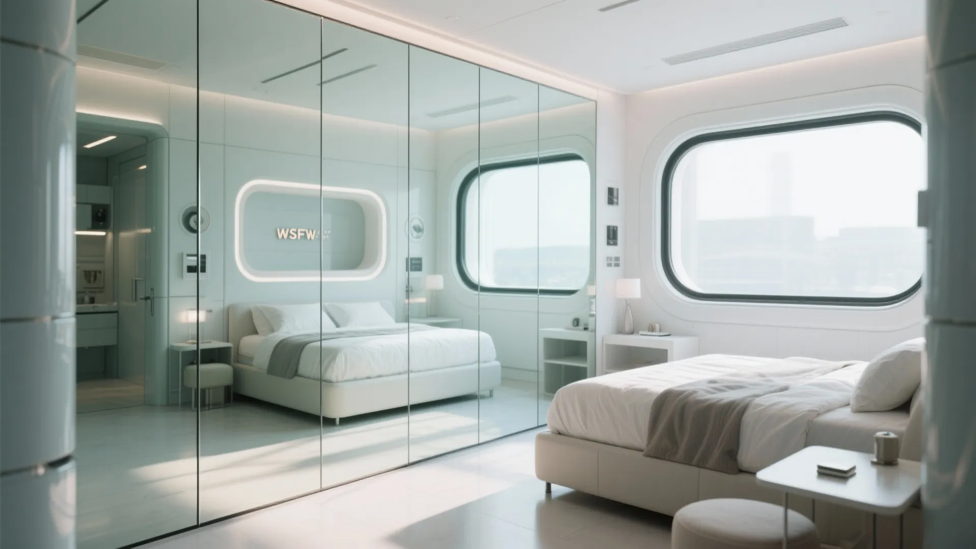 Modern white bedroom featuring large floor to ceiling mirror wall reflecting bed and rounded window