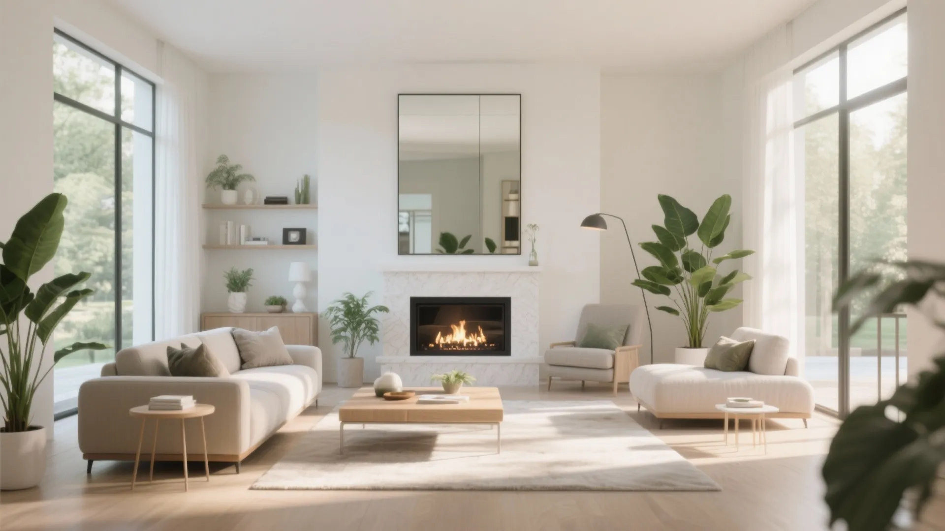 Modern white living room with marble fireplace wooden coffee table beige sofa and large wall mirror