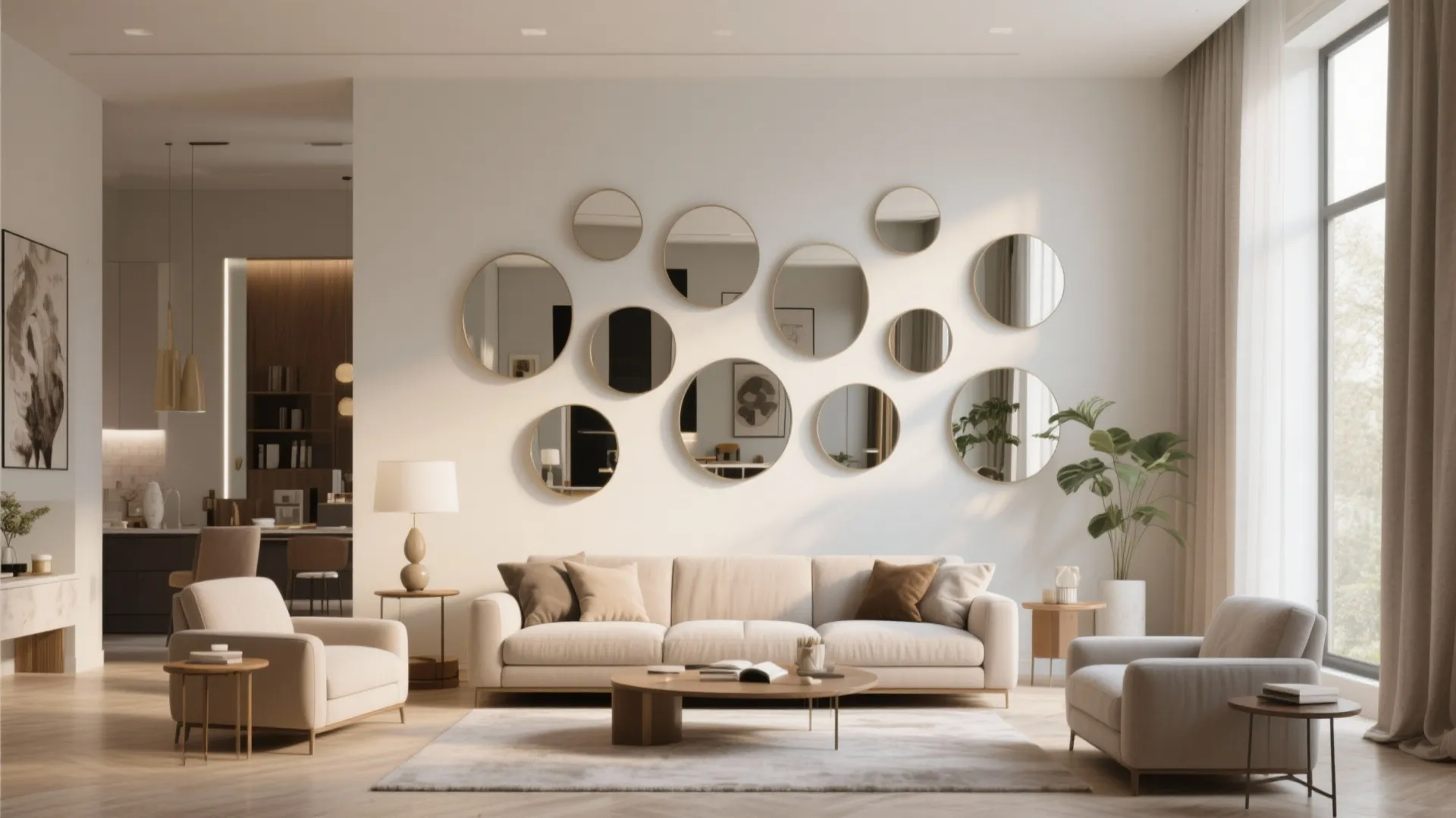 Spacious living room with many round mirrors on white wall beige sofa and coffee table