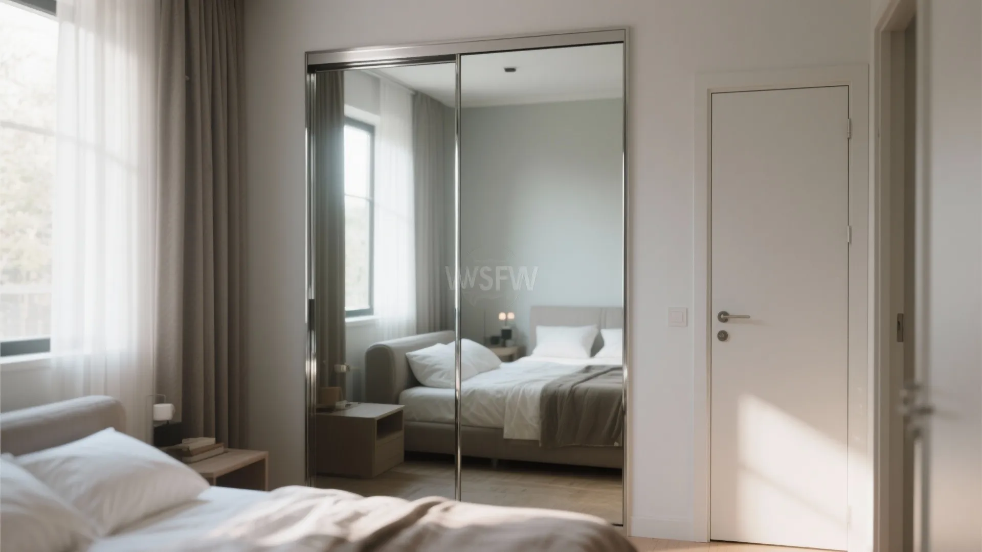 Bedroom interior featuring a large sliding mirror door wardrobe next to a white wooden door