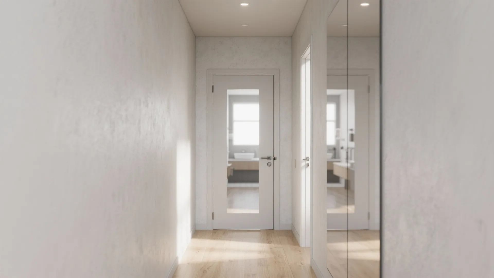 Modern hallway with white walls wooden floor large mirror and white door leading into bathroom
