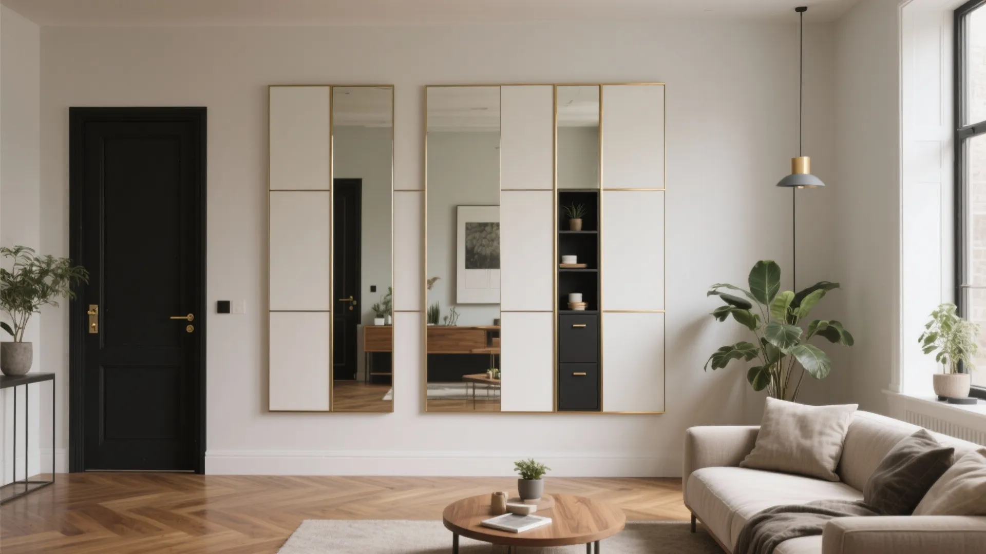 Modern living room featuring large wall mirrors black door beige sofa and wooden coffee table