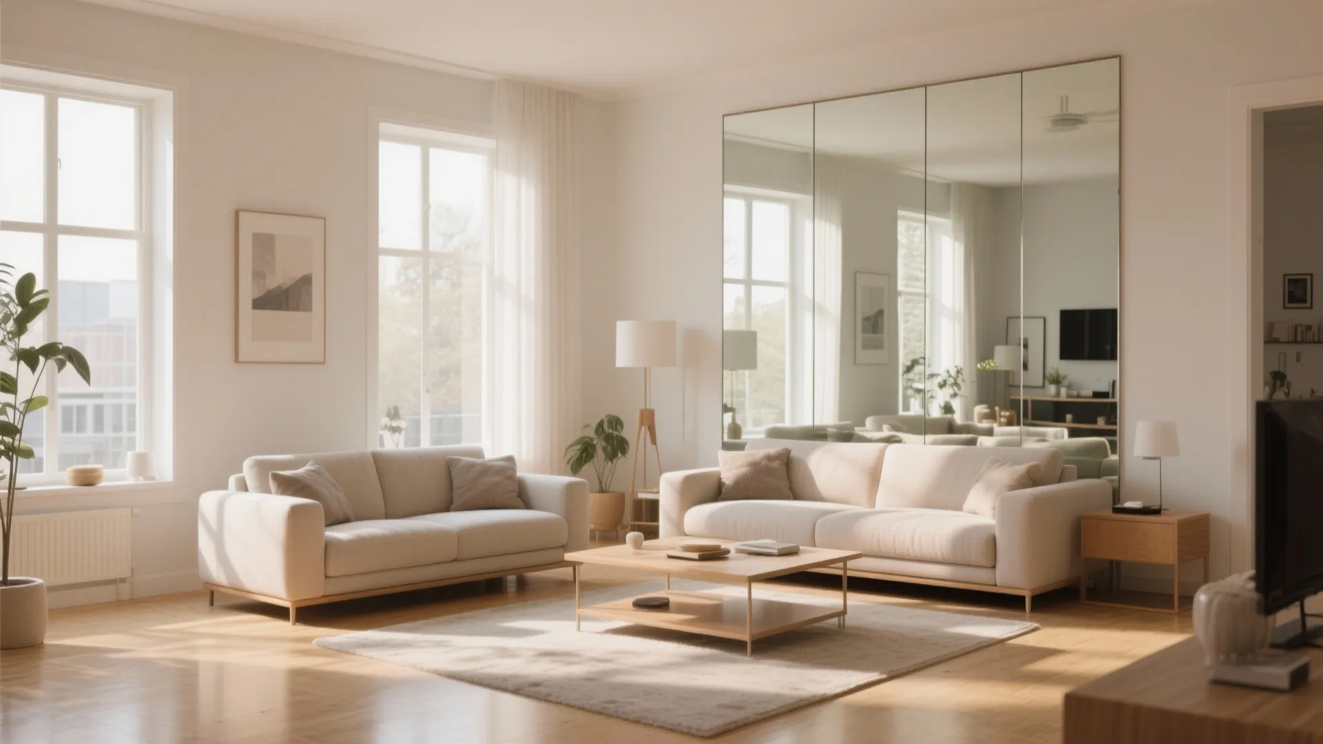 Bright living room with two beige sofas wooden coffee table and large wall mirror panels
