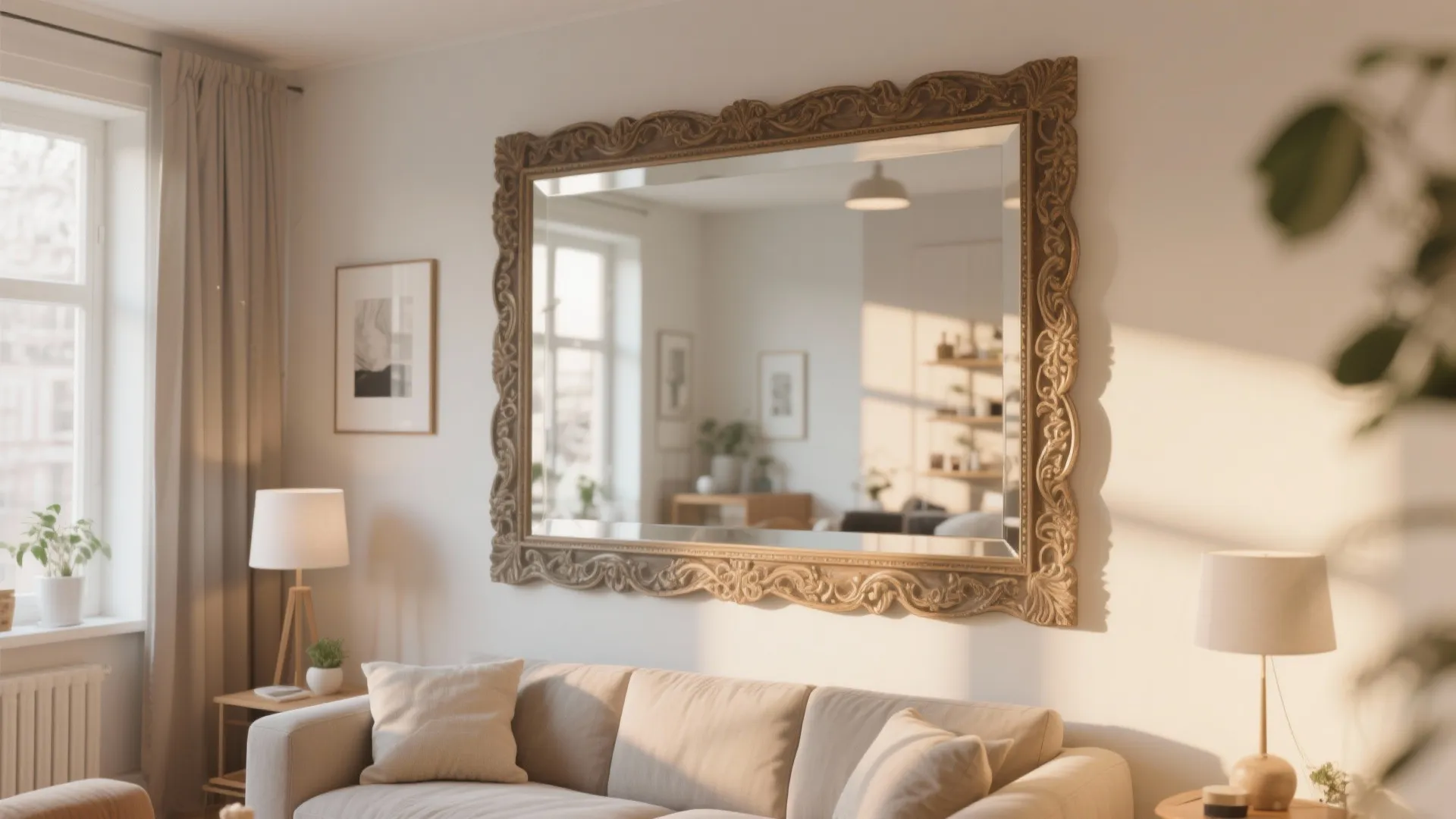 Large ornate gold mirror hanging on a white wall above a beige sofa with lamps