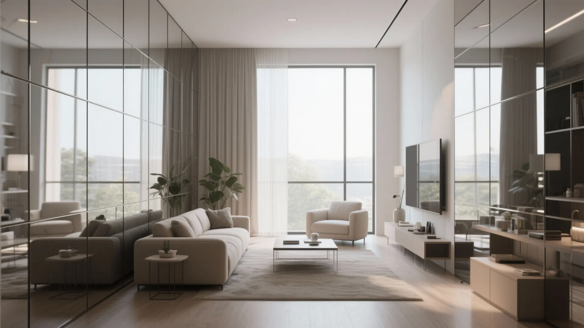 Living room with full mirror wall panels reflecting windows