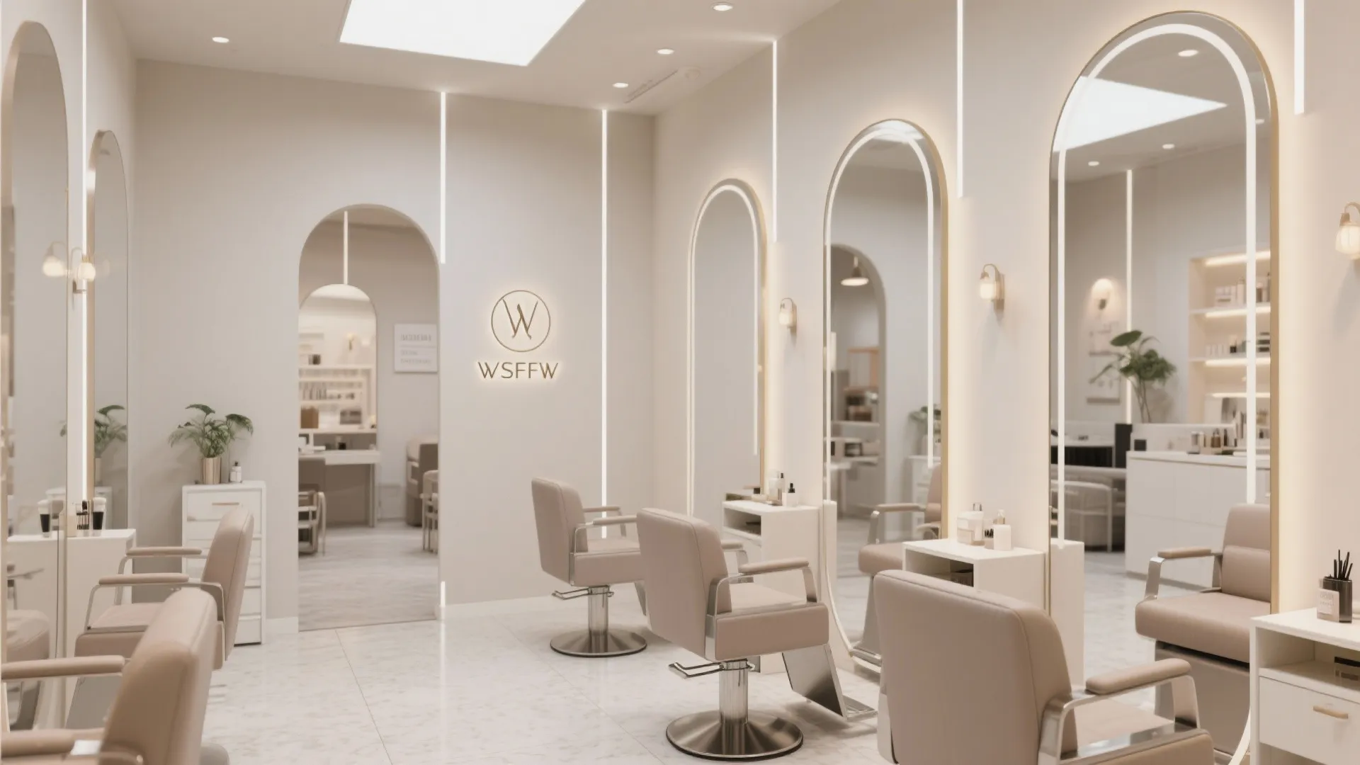 Minimalist beauty salon featuring large arched mirrors white walls beige chairs and soft warm hidden lighting