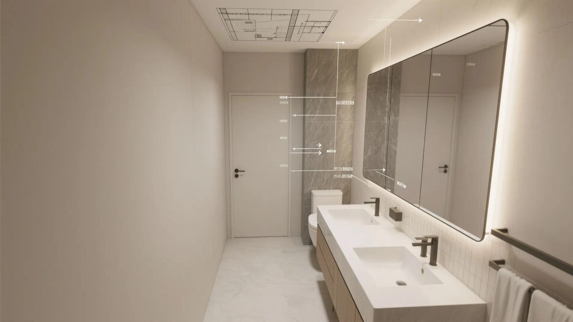 Top-down plan-style render showing a narrow bath with a full-height mirror wall and light bounce.