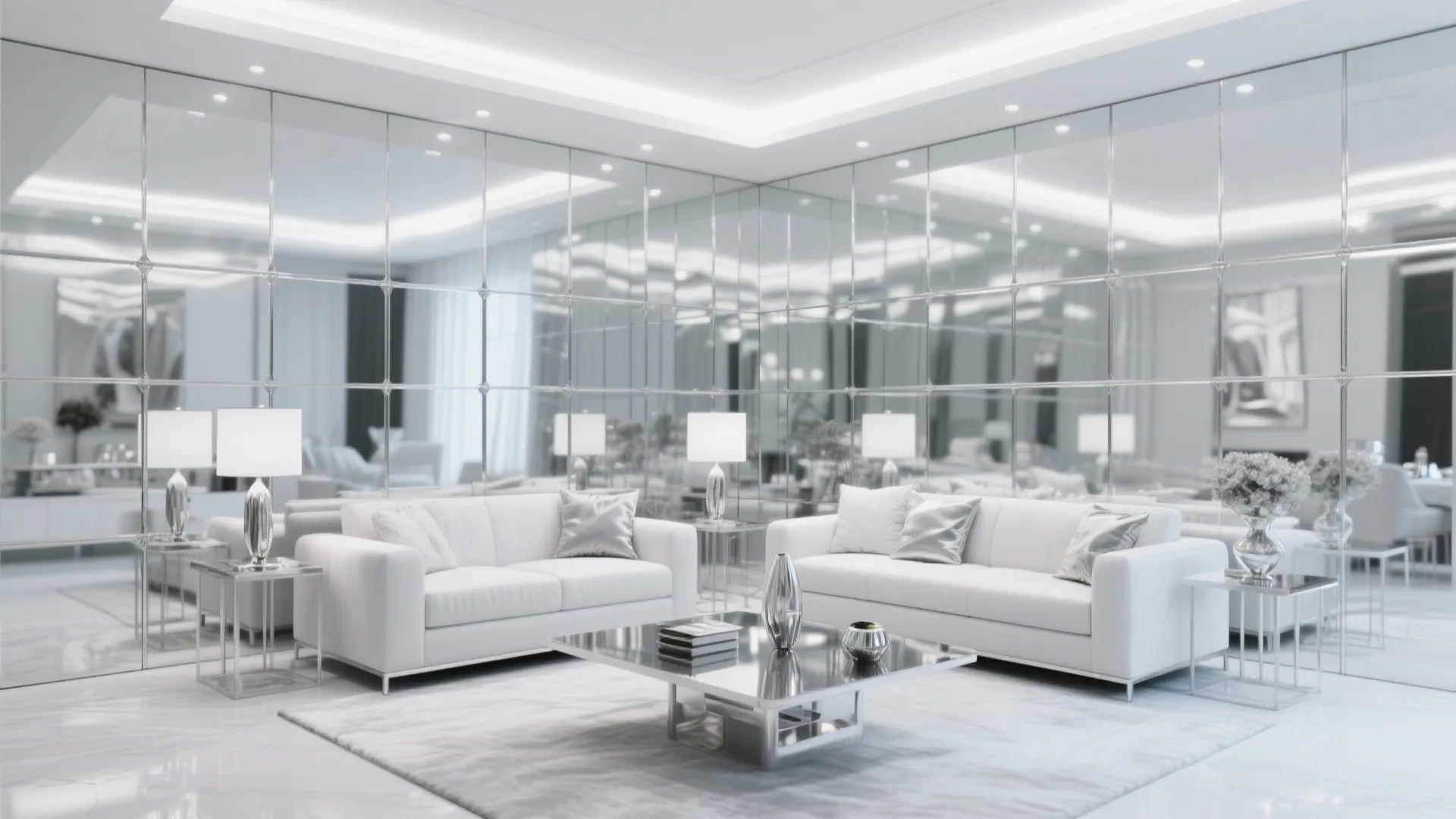 Silver-white living room with mirrored wall panels