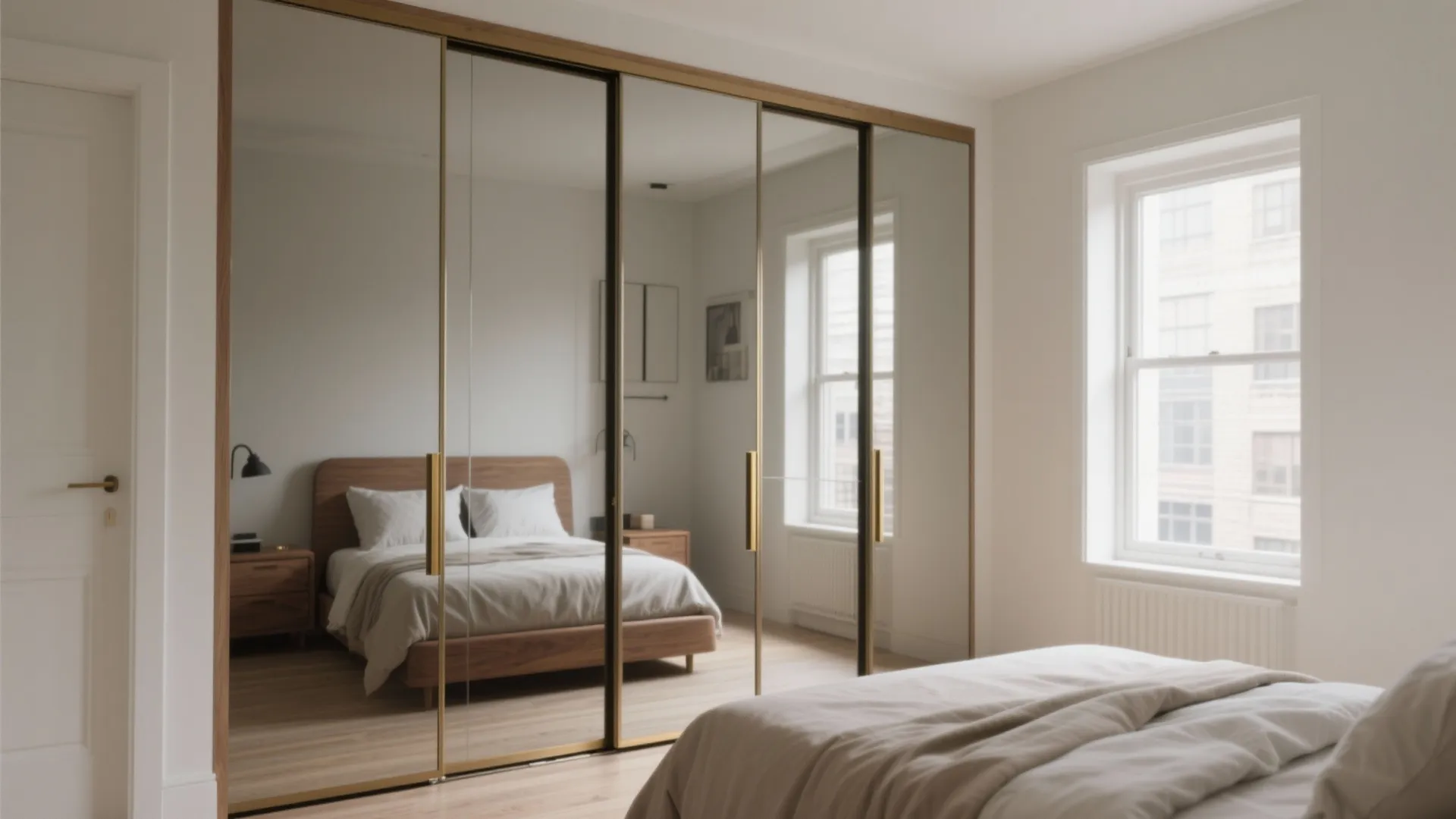 Modern bedroom with large mirrored sliding door wardrobe reflecting a wooden bed and bright window
