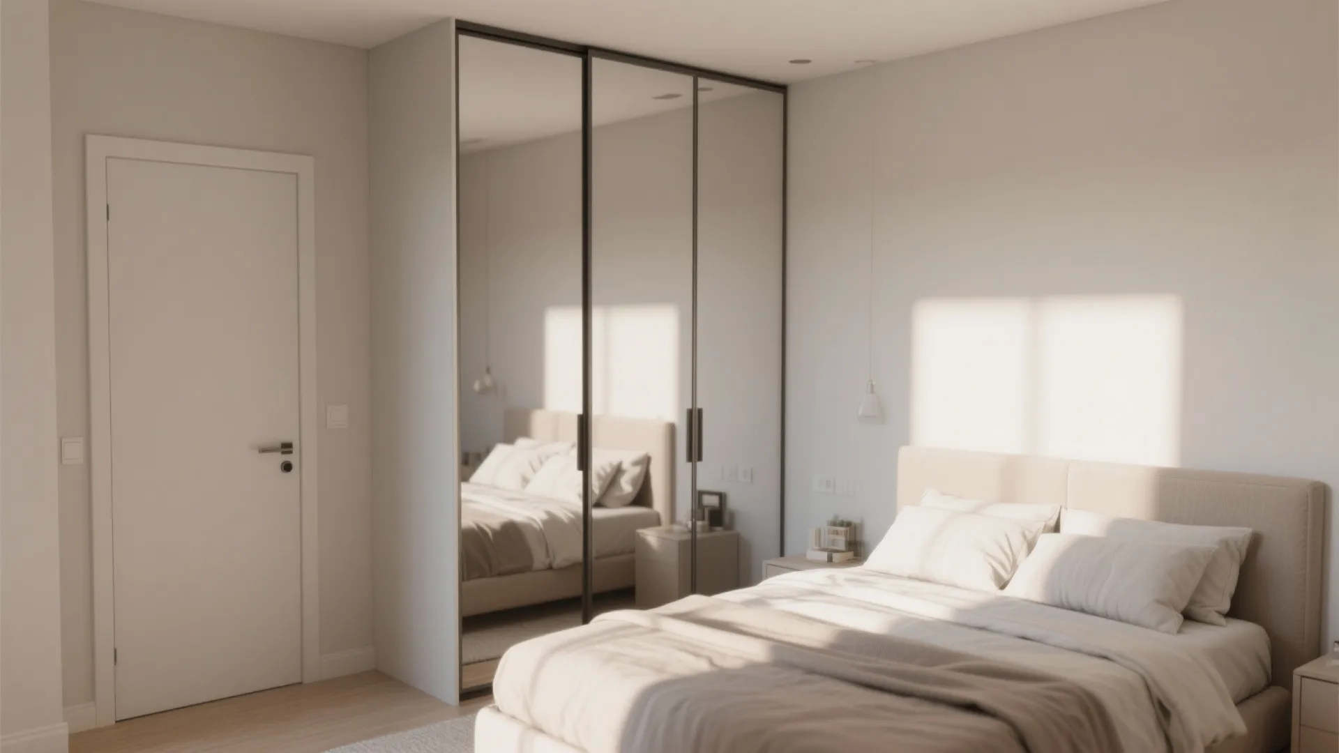 Minimalist bedroom with large mirror cabinet doors reflecting bed and natural sunlight from the windows