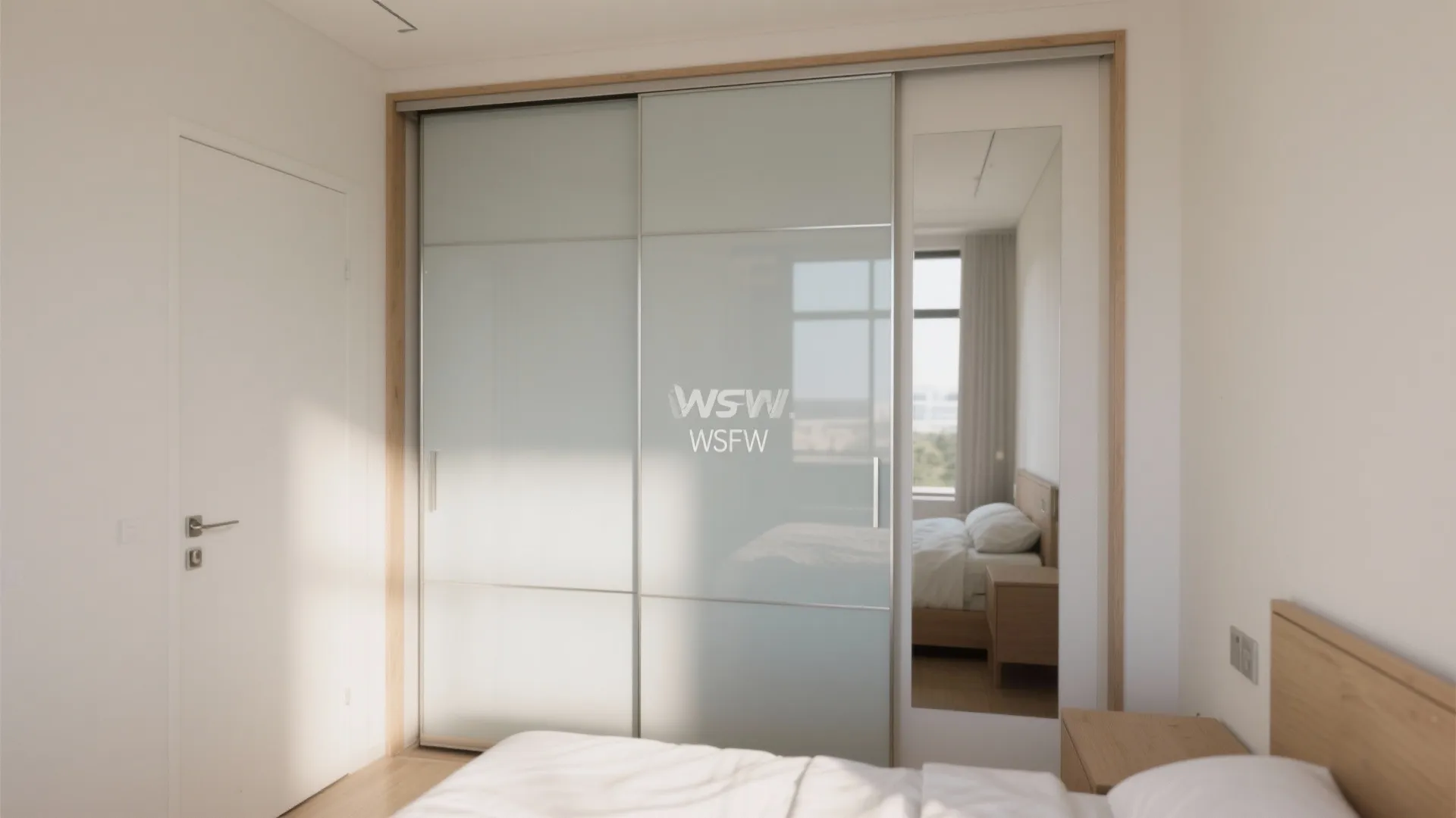 Modern bedroom featuring a sliding glass door cabinet with a large mirror reflecting the bed