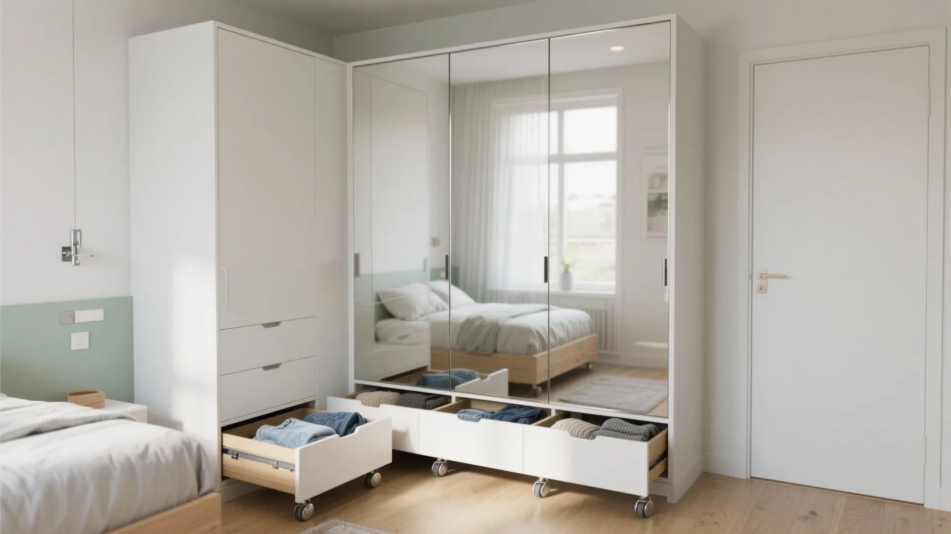 Modern white corner cabinet with mirror sliding doors and open drawers showing clothes and wheels