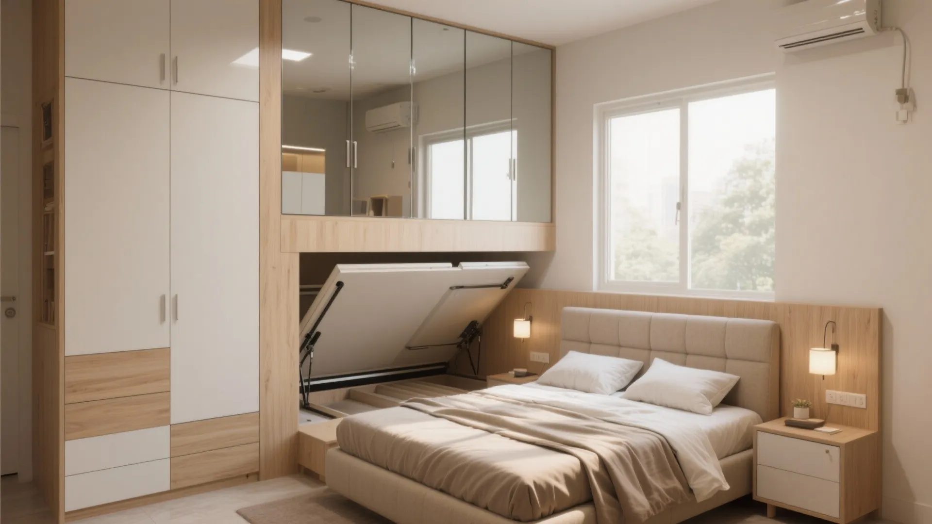 Built-in storage with mirrored doors and multi-use furniture