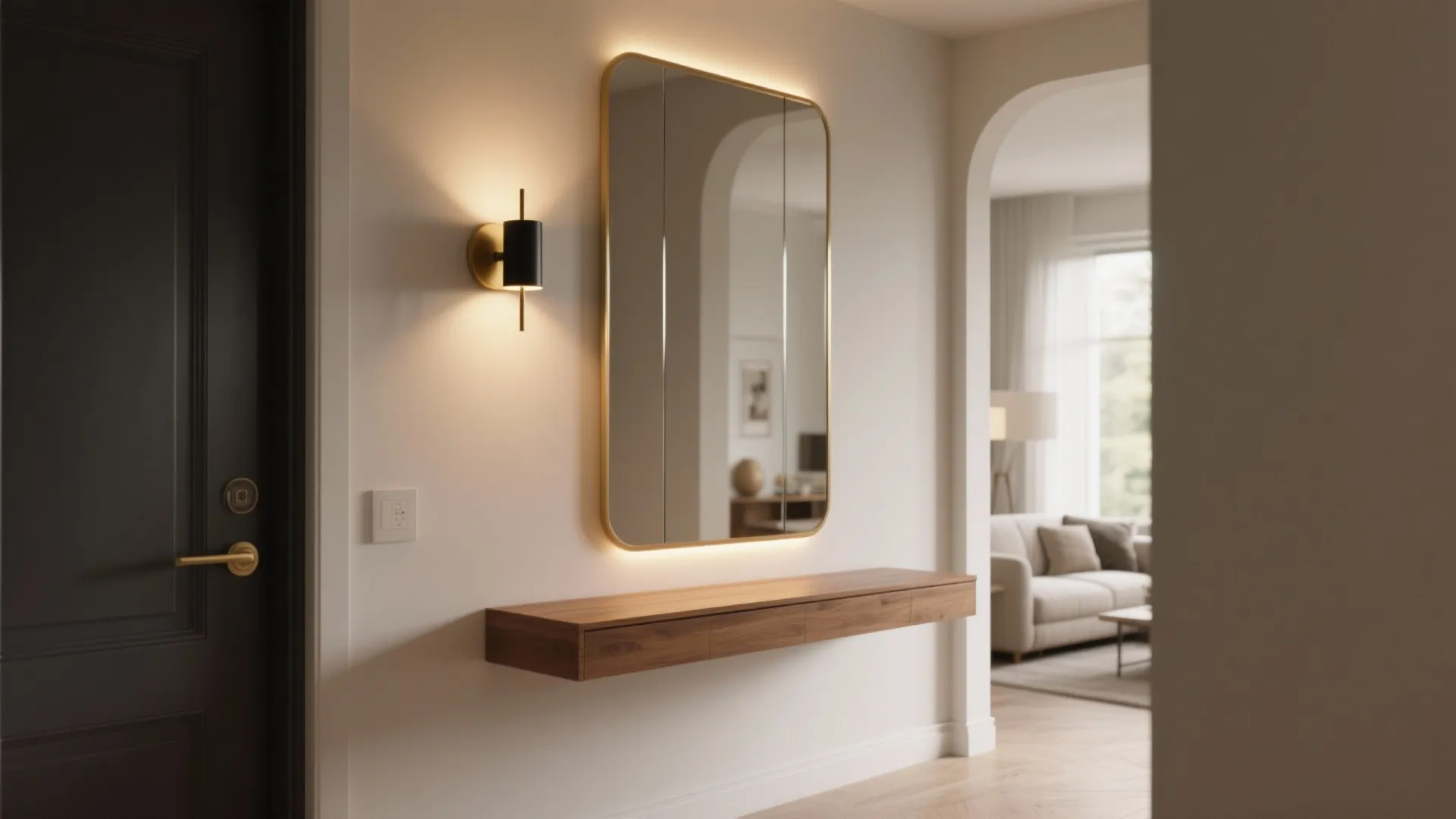 Statement mirror and layered lighting to expand space