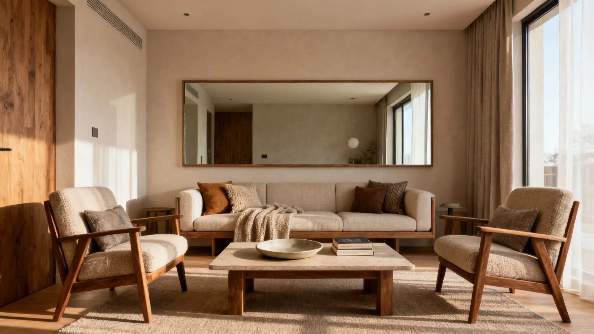 Large horizontal mirror behind a sofa visually doubling seating and creating an intimate conversation area.