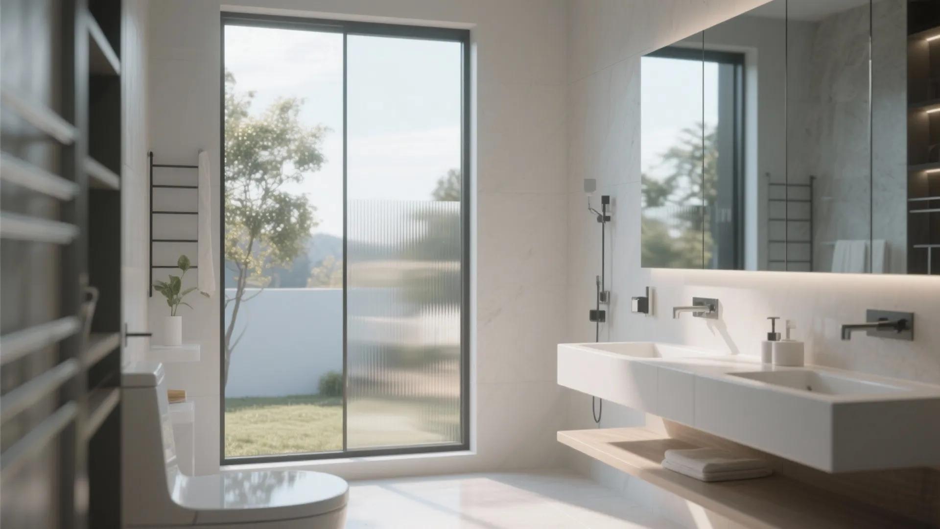 Bright white bathroom featuring minimalist white sink toilet and large window overlooking a green backyard garden