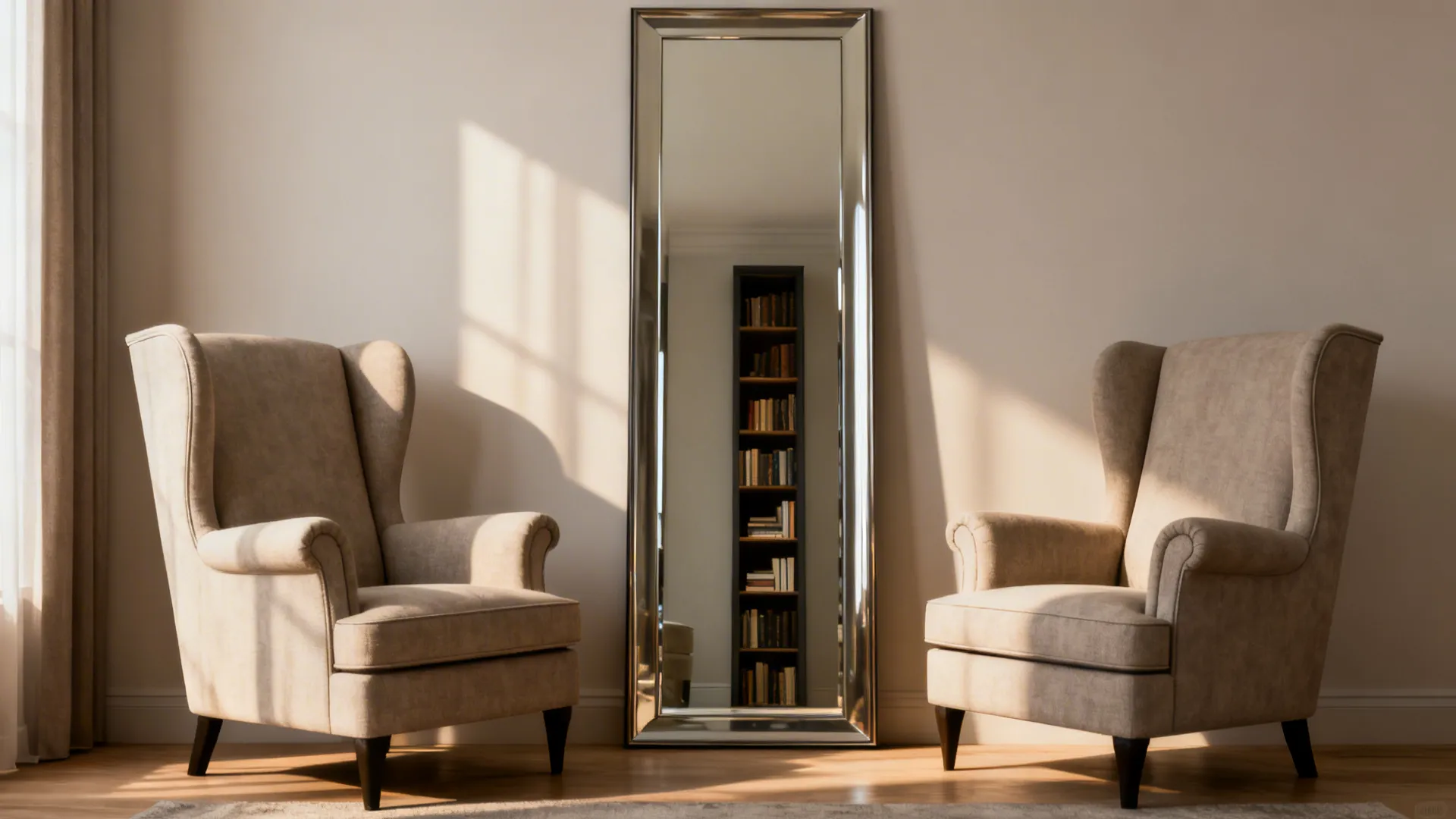 Two wingback chairs opposite a tall mirror and narrow bookcase doubling the sense of space.