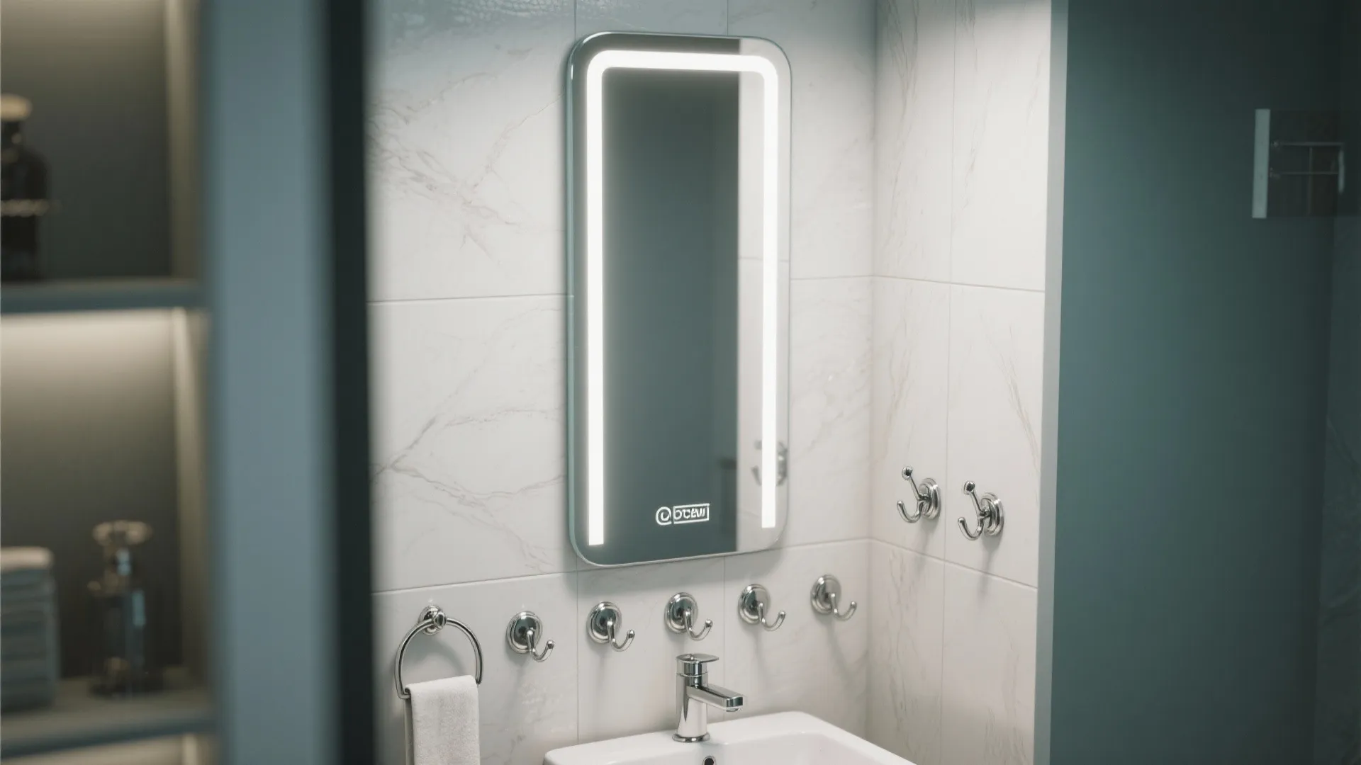 Slim mirror with integrated decorative hooks on small bathroom wall