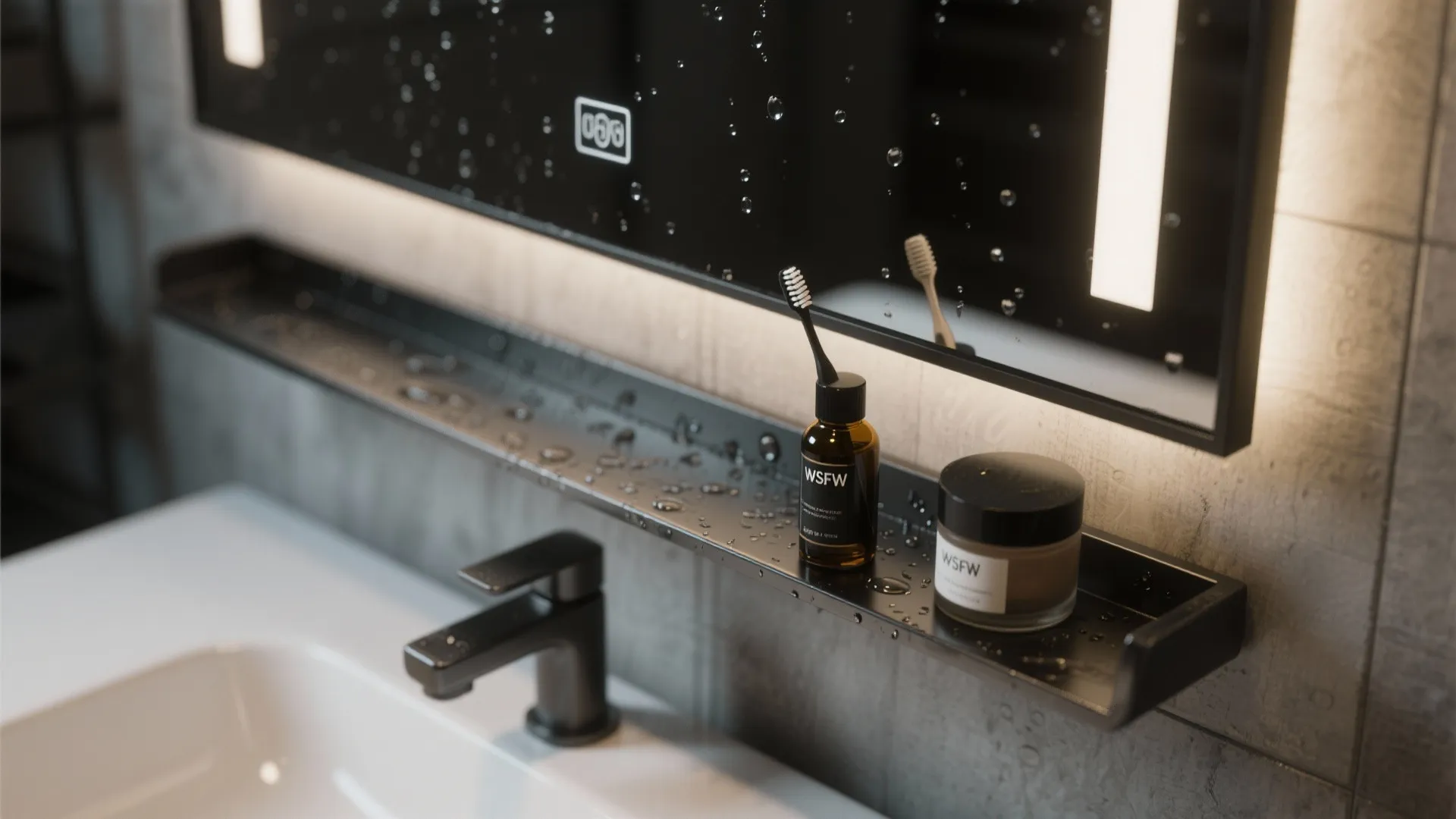 2. Black-framed mirror with integrated shelf