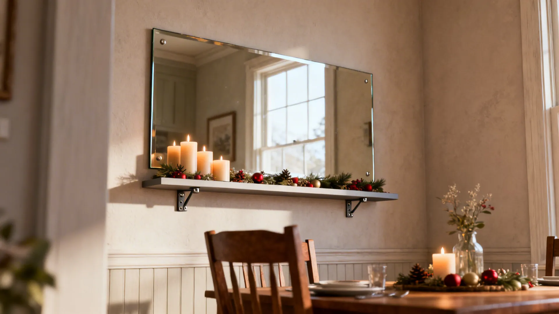 Wall mirror with a slim integrated shelf holding candles and decor in a small dining room