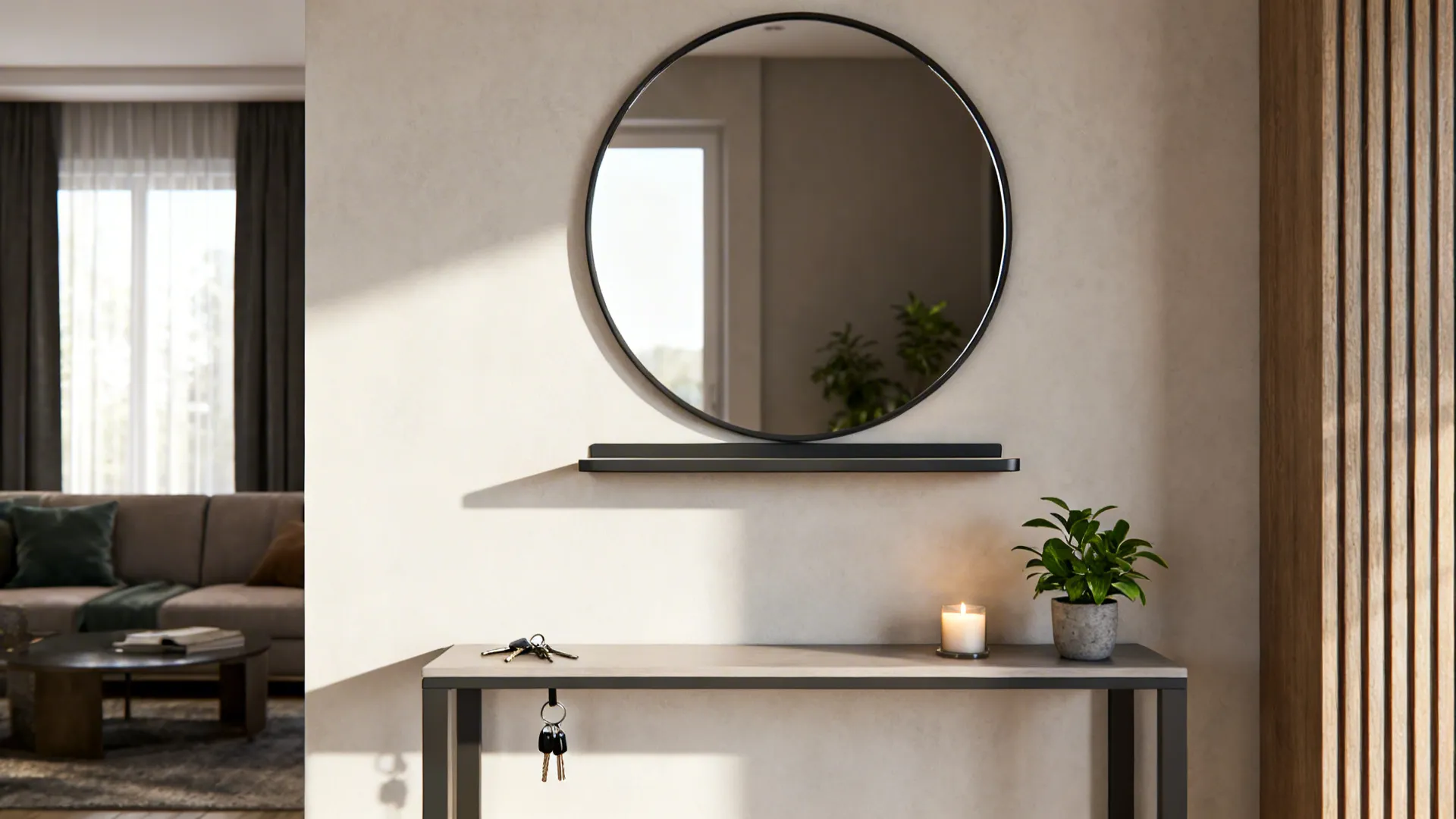 Round mirror with a slim shelf above a console holding a plant, keys, and a candle in a small living room.
