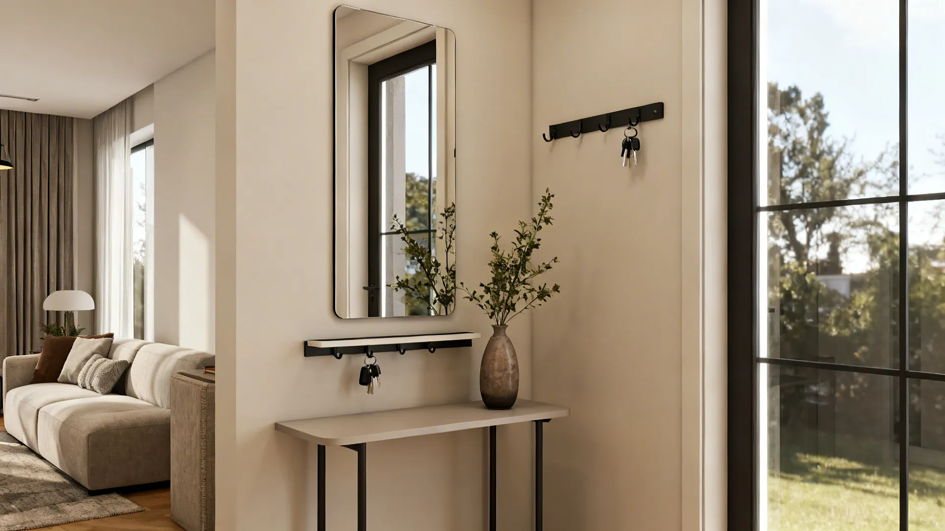 Slim mirrored panel above a narrow table with integrated shelf and hooks holding keys and a small vase.