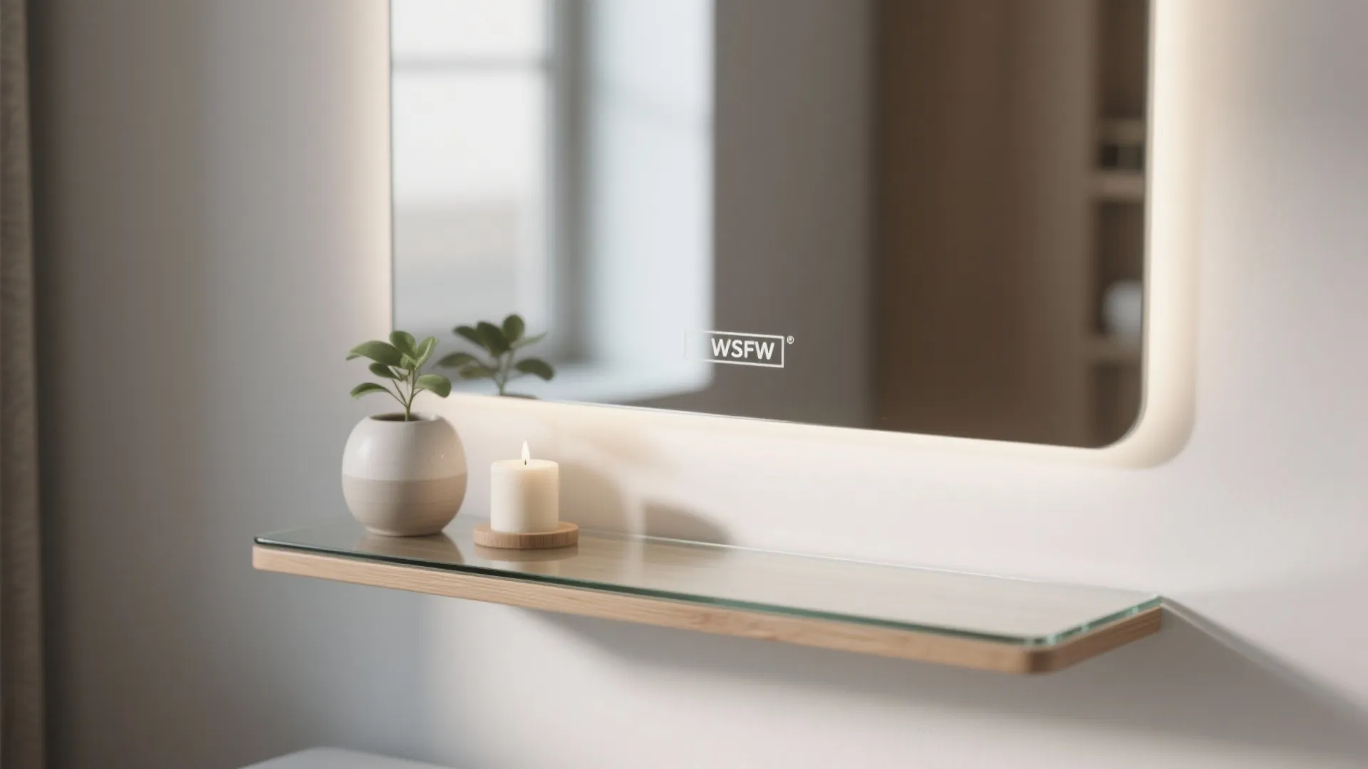 Modern wall mirror with light wooden shelf holding small green plant and white burning candle